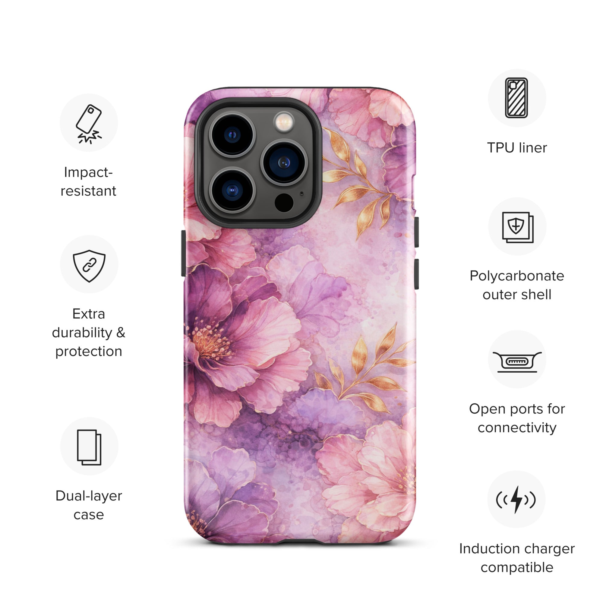 Pink Watercolor Floral Tough Case for iPhone 13 Pro