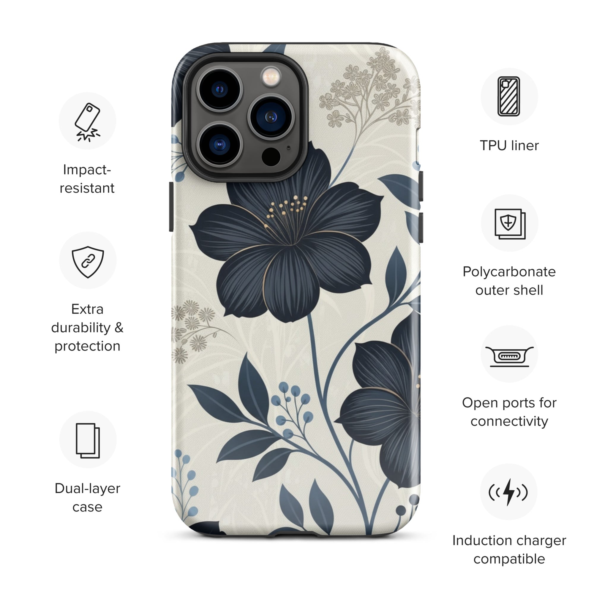 Elegant Blue Floral Tough Case for iPhone 13 Pro Max