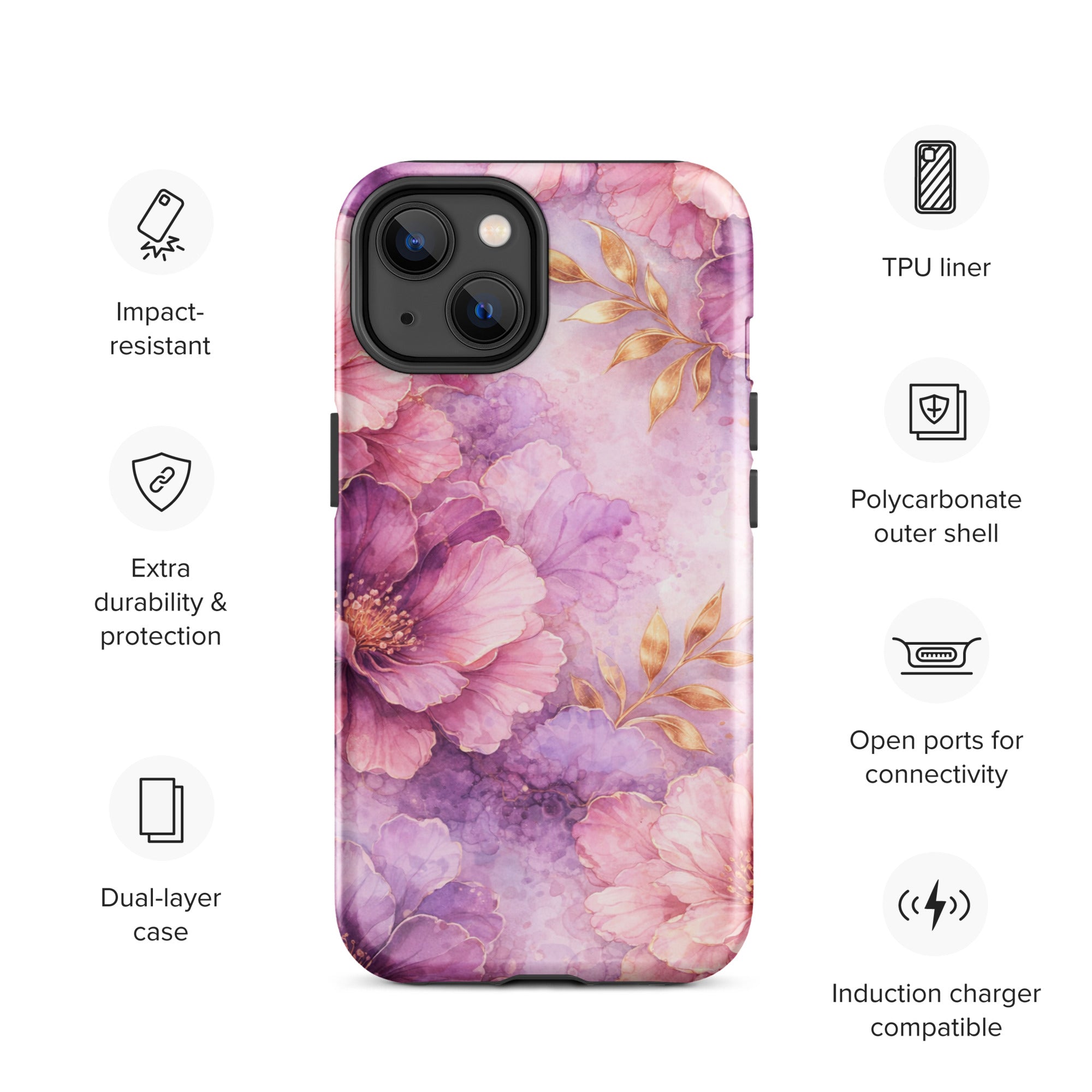 Pink Watercolor Floral Tough Case for iPhone 14