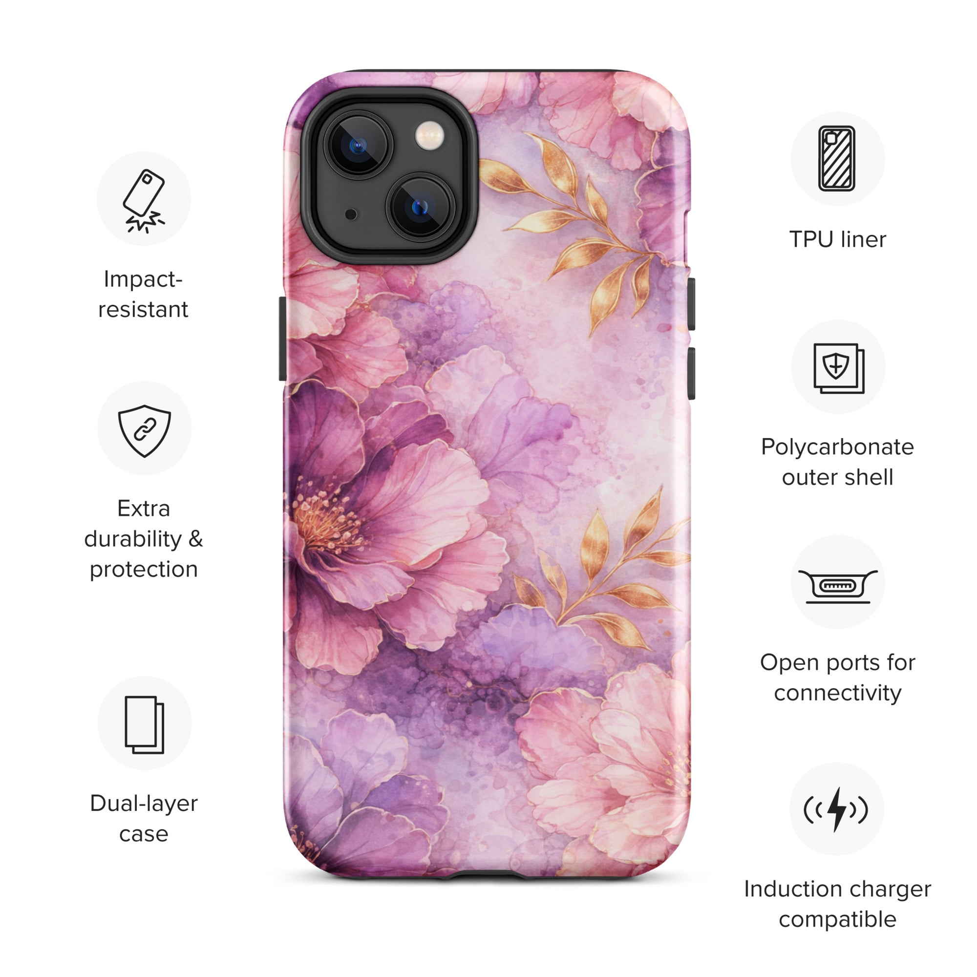 Pink Watercolor Floral Tough Case for iPhone 14 Plus