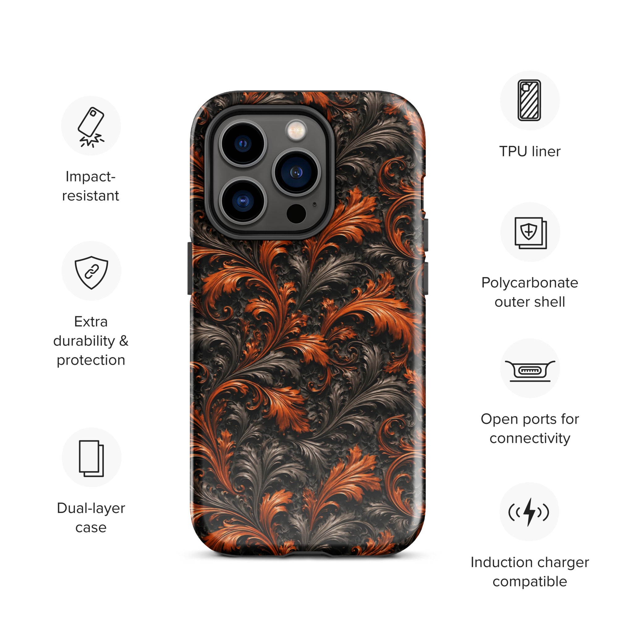 Burnt Orange Filigree Tough Case for iPhone 14 Pro