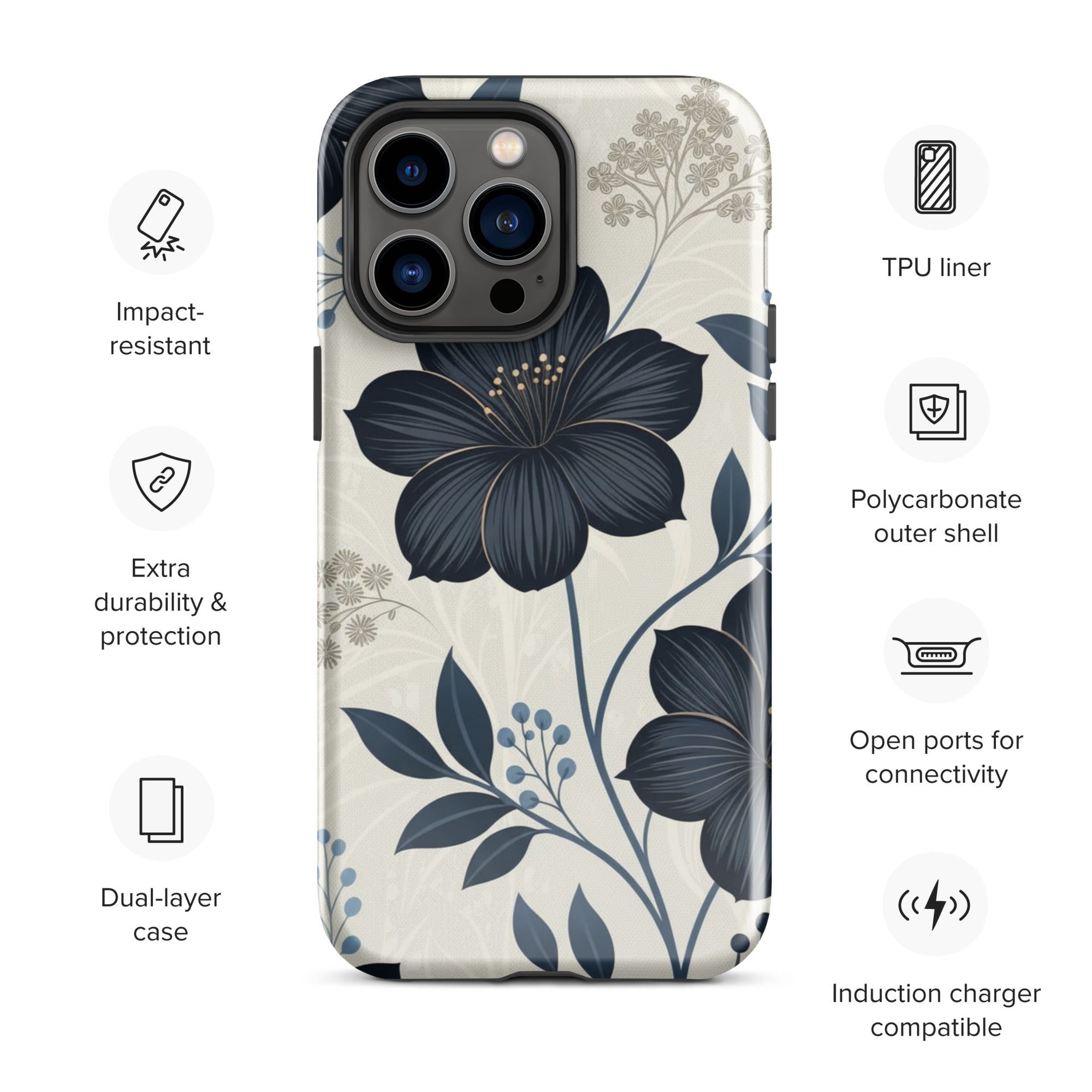 Elegant Blue Floral Tough Case for iPhone 14 Pro Max