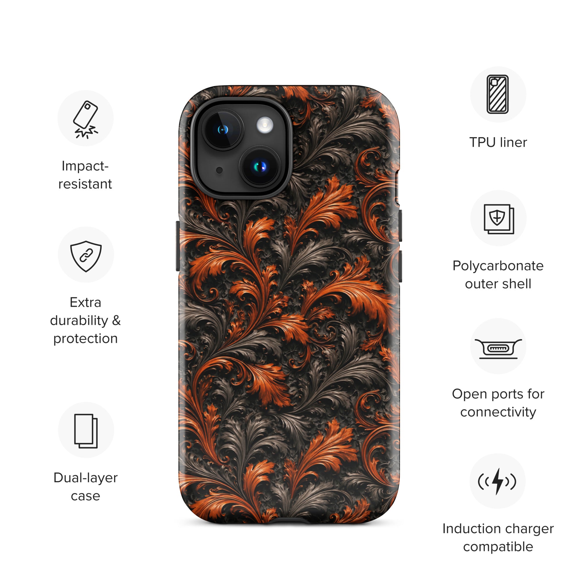 Burnt Orange Filigree Tough Case for iPhone 15