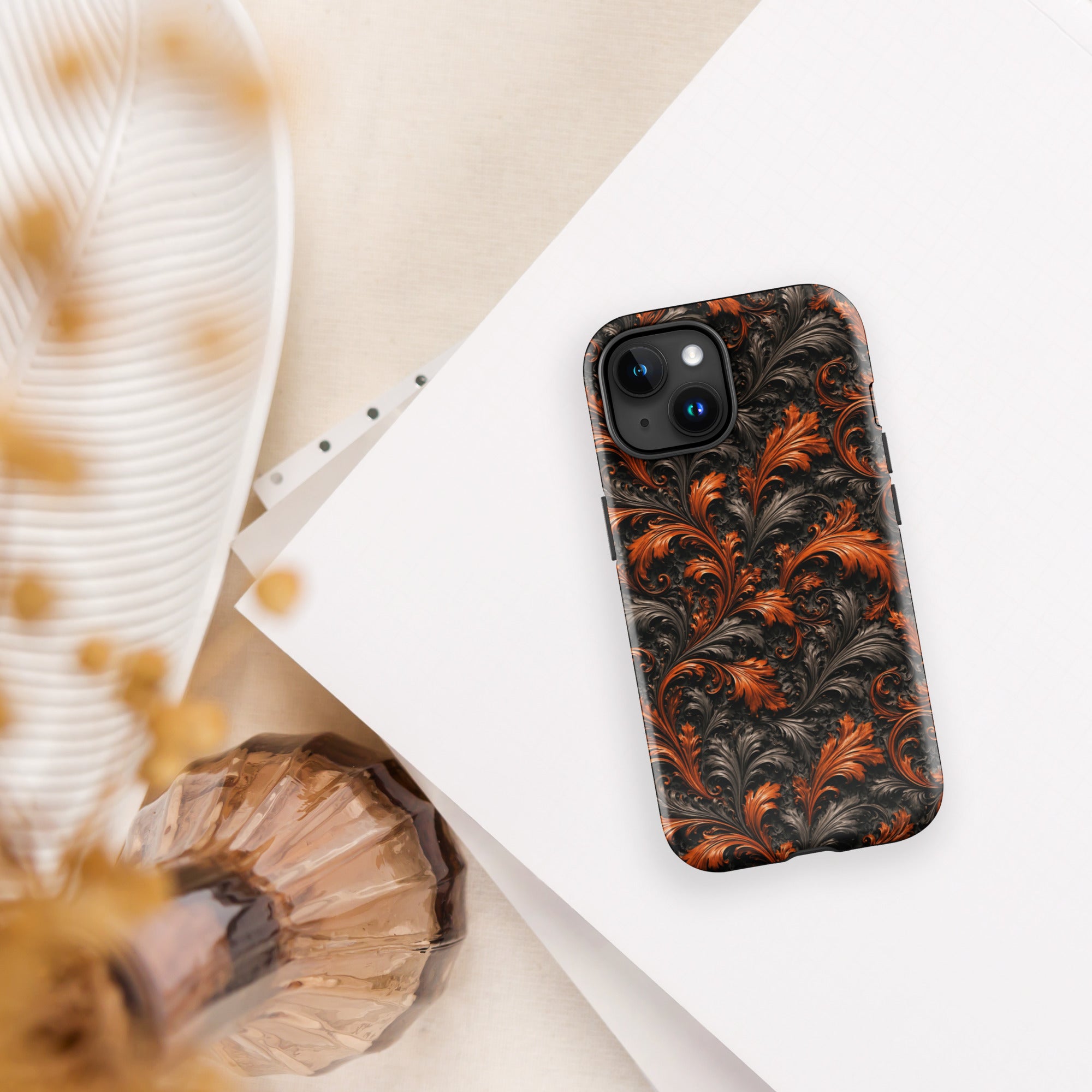 Burnt Orange Filigree Tough Case for iPhone 15