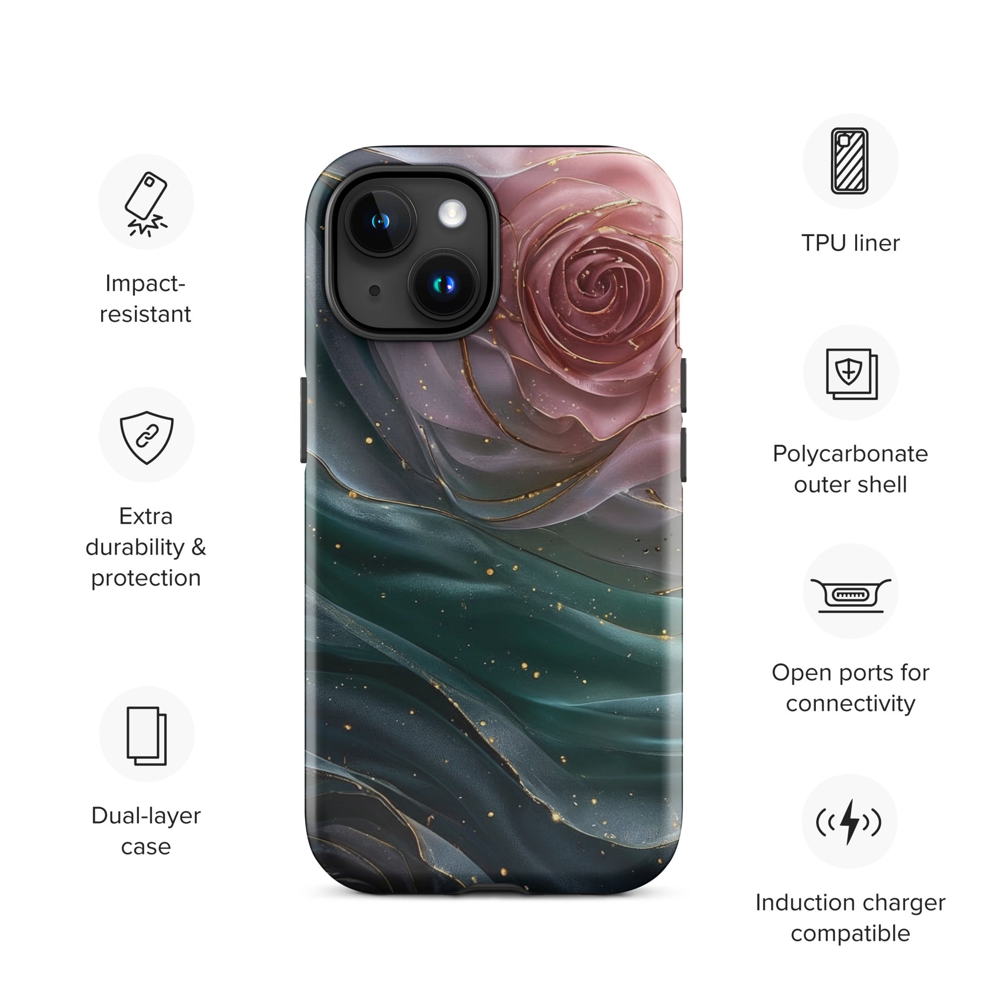Elegant Rose Marble Tough Case for iPhone 15