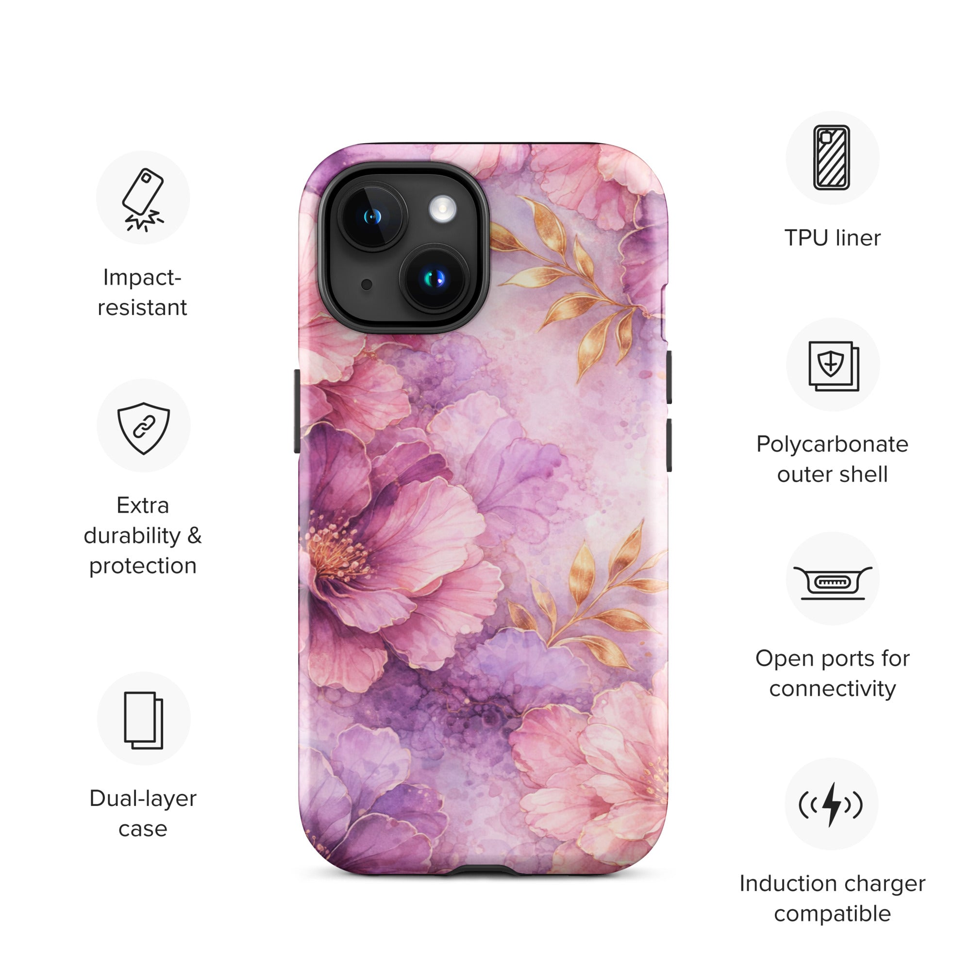 Pink Watercolor Floral Tough Case for iPhone 15