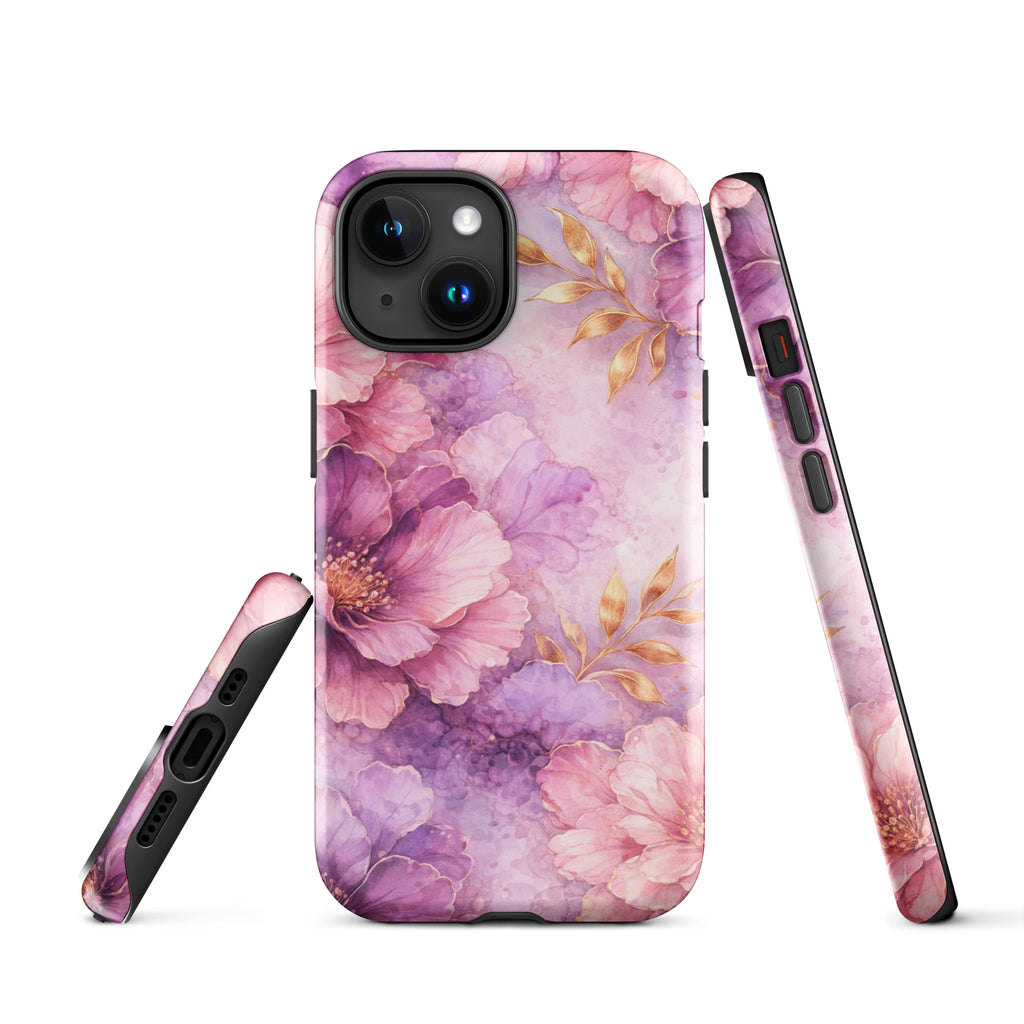 Pink Watercolor Floral Tough Case for iPhone 15