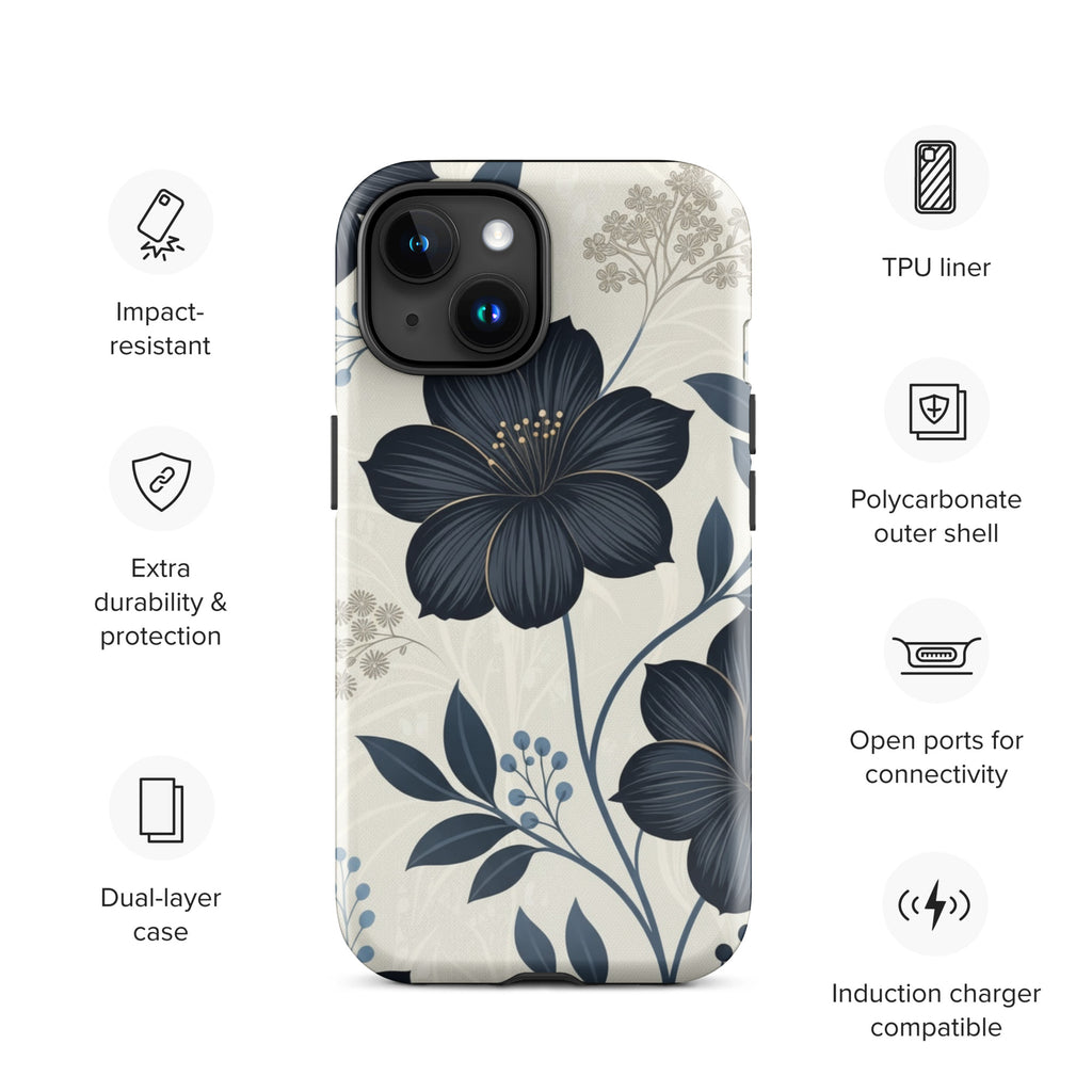 Elegant Blue Floral Tough Case for iPhone 15