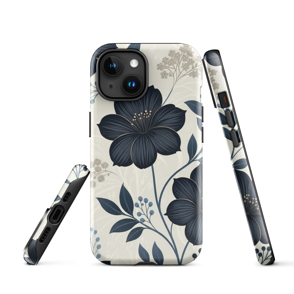 Elegant Blue Floral Tough Case for iPhone 15