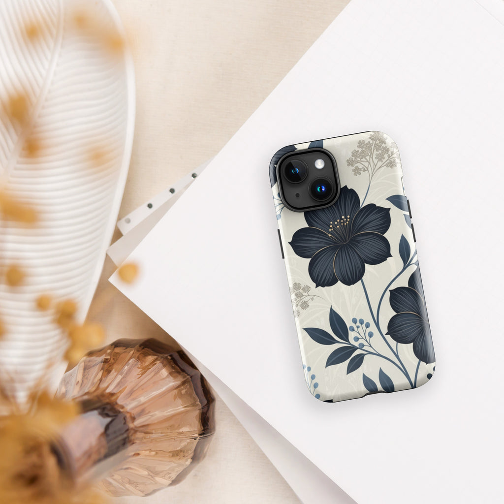 Elegant Blue Floral Tough Case for iPhone 15