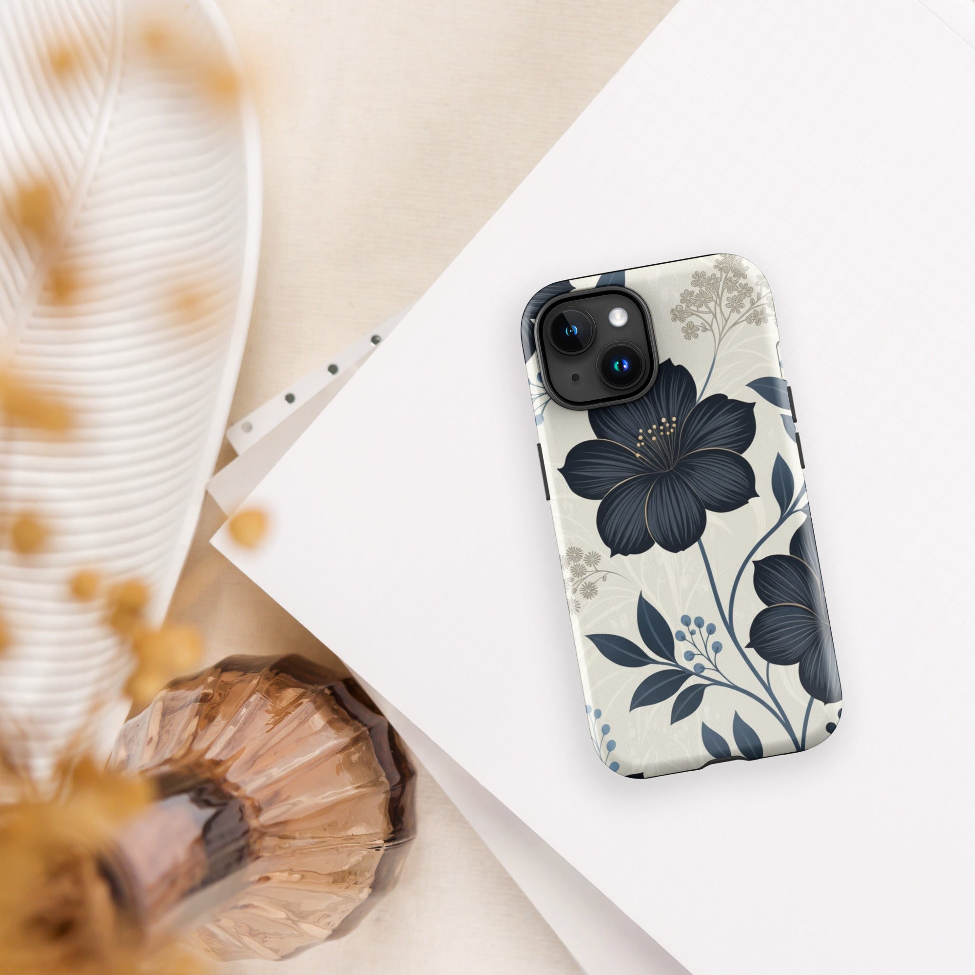 Elegant Blue Floral Tough Case for iPhone 15