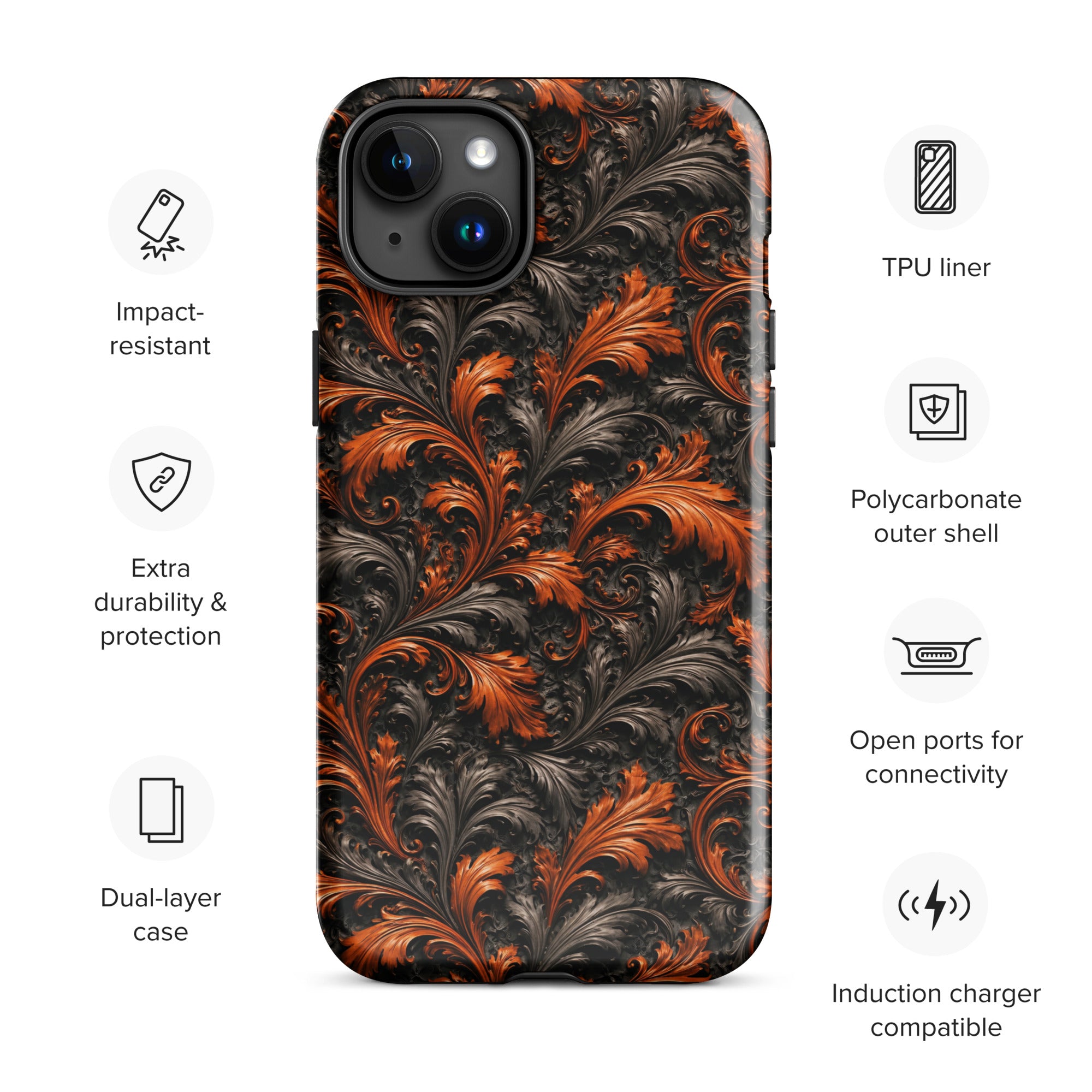 Burnt Orange Filigree Tough Case for iPhone 15 Plus
