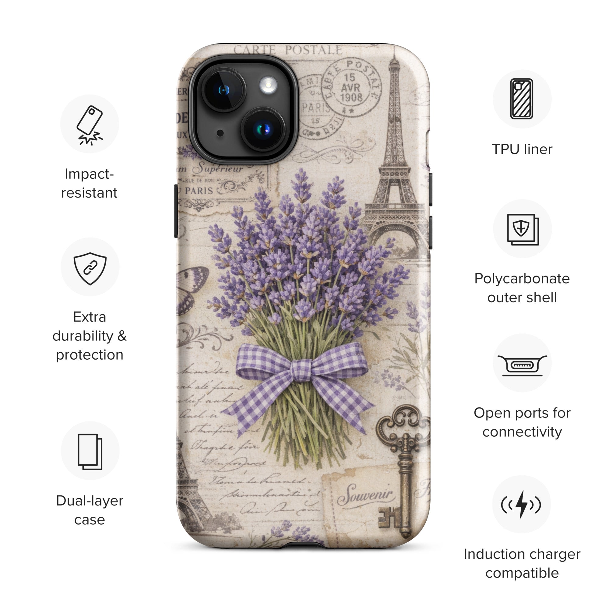 Vintage Paris Lavender Tough Case for iPhone 15 Plus