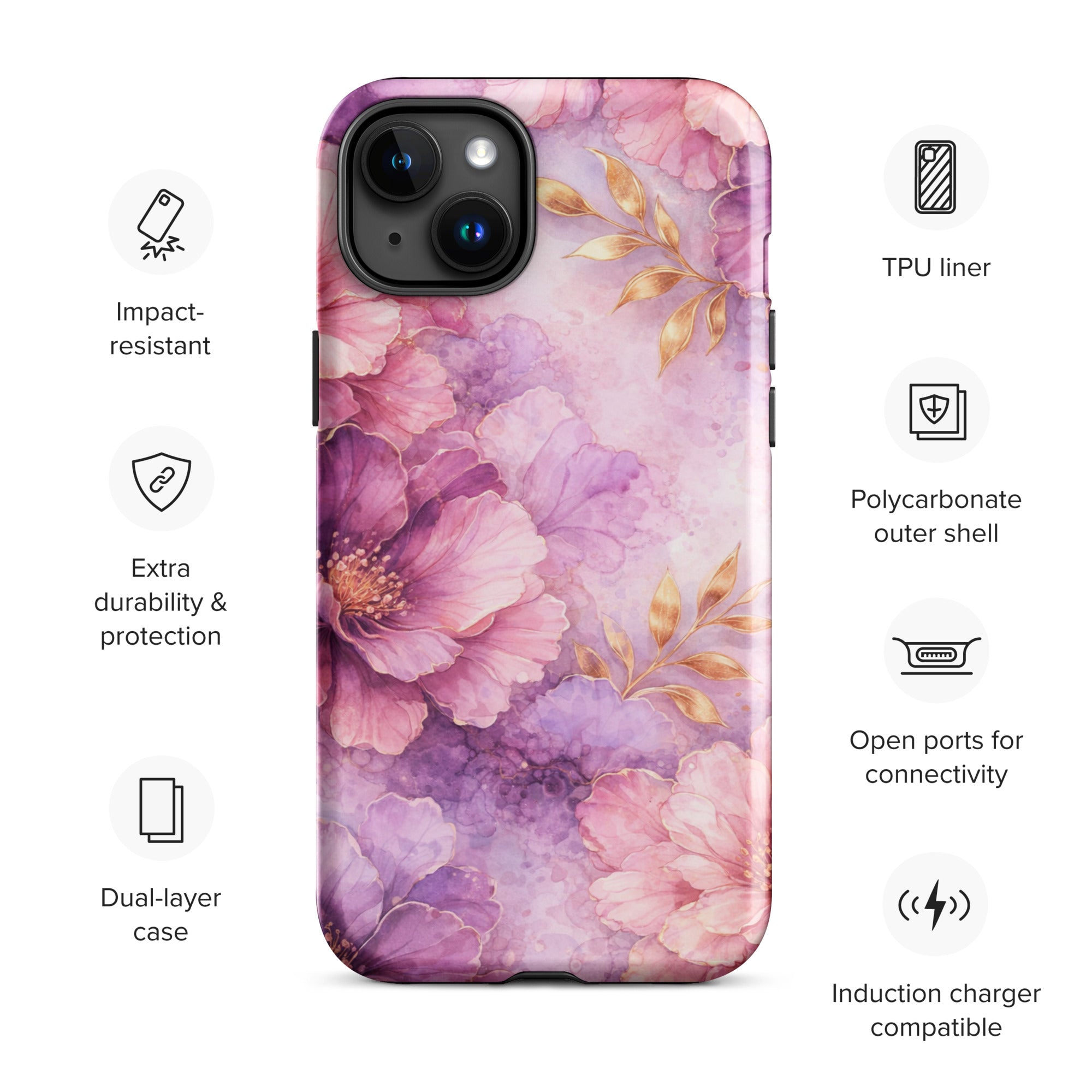 Pink Watercolor Floral Tough Case for iPhone 15 Plus