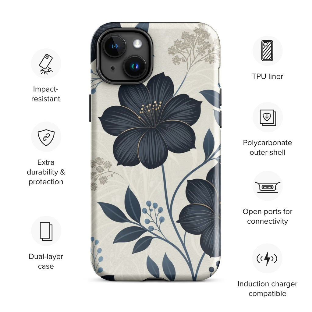 Elegant Blue Floral Tough Case for iPhone 15 Plus