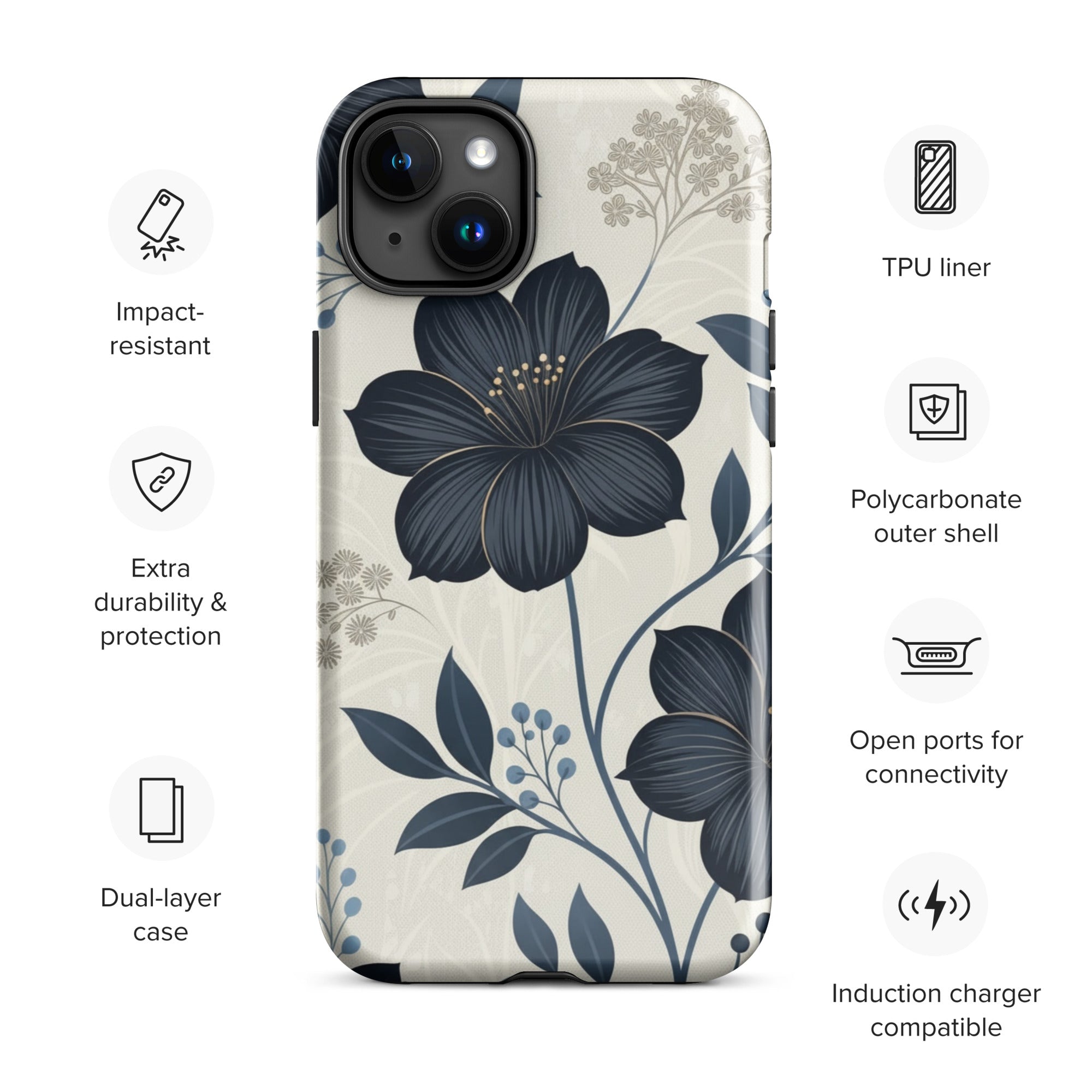 Elegant Blue Floral Tough Case for iPhone 15 Plus