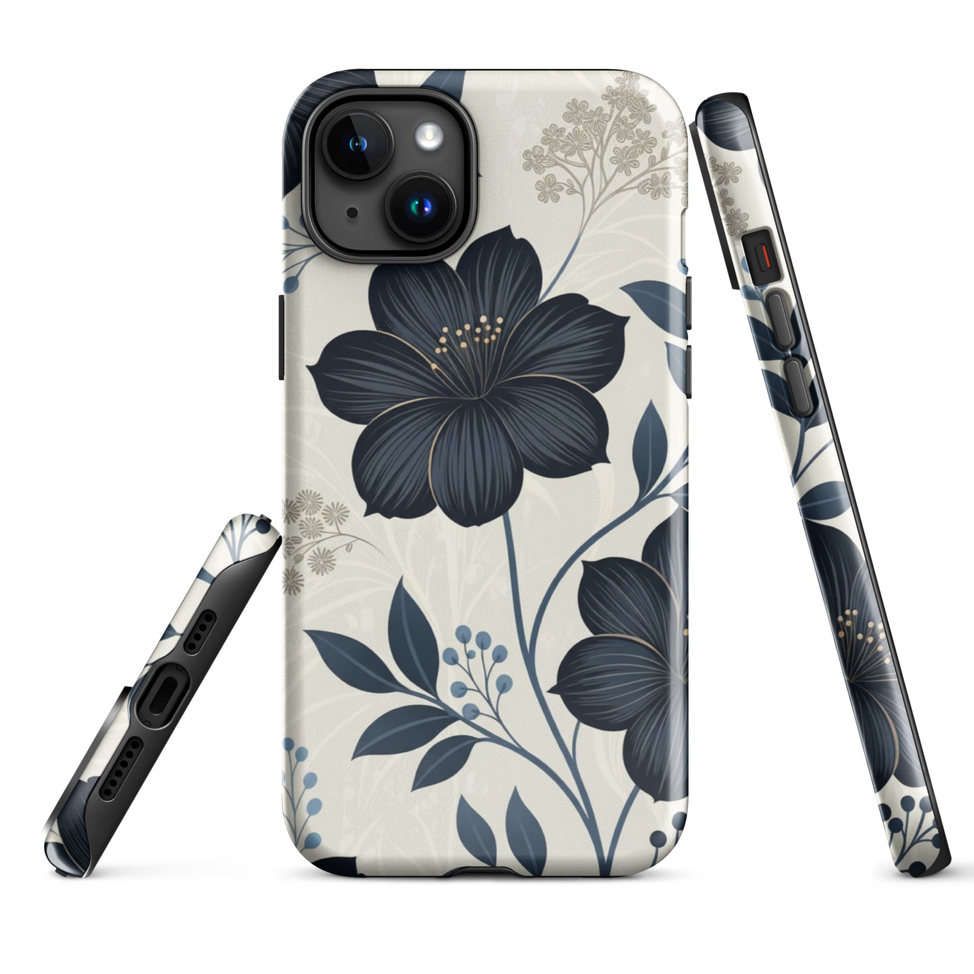 Elegant Blue Floral Tough Case for iPhone 15 Plus