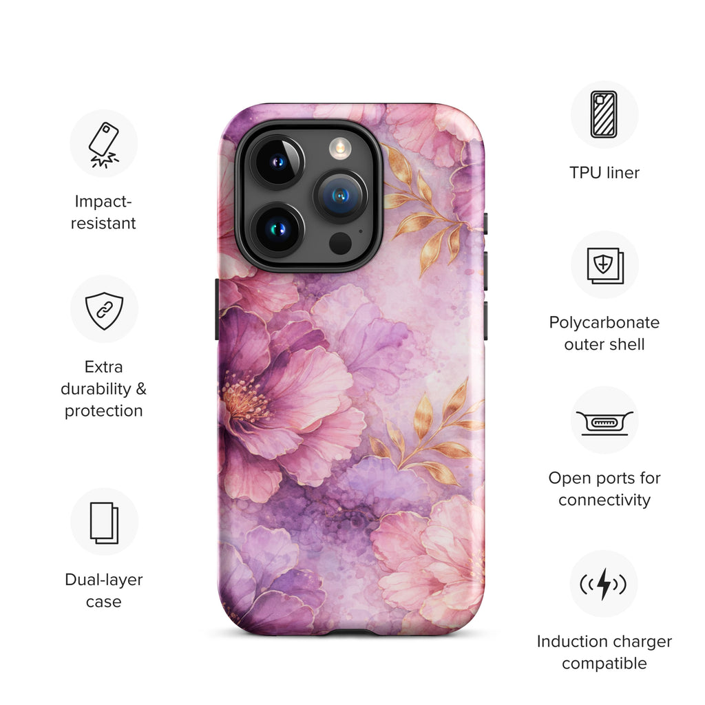 Pink Watercolor Floral Tough Case for iPhone 15 Pro