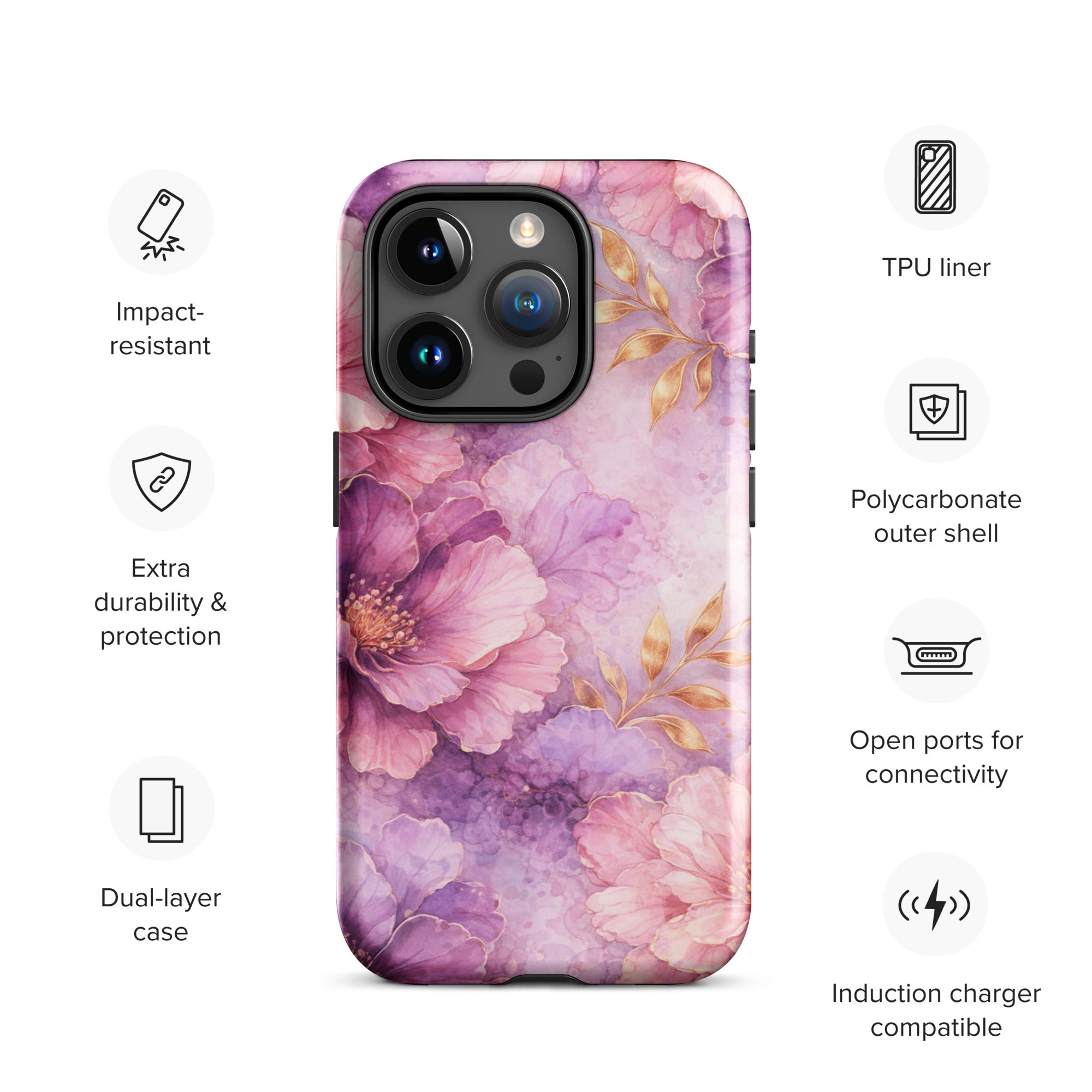 Pink Watercolor Floral Tough Case for iPhone 15 Pro