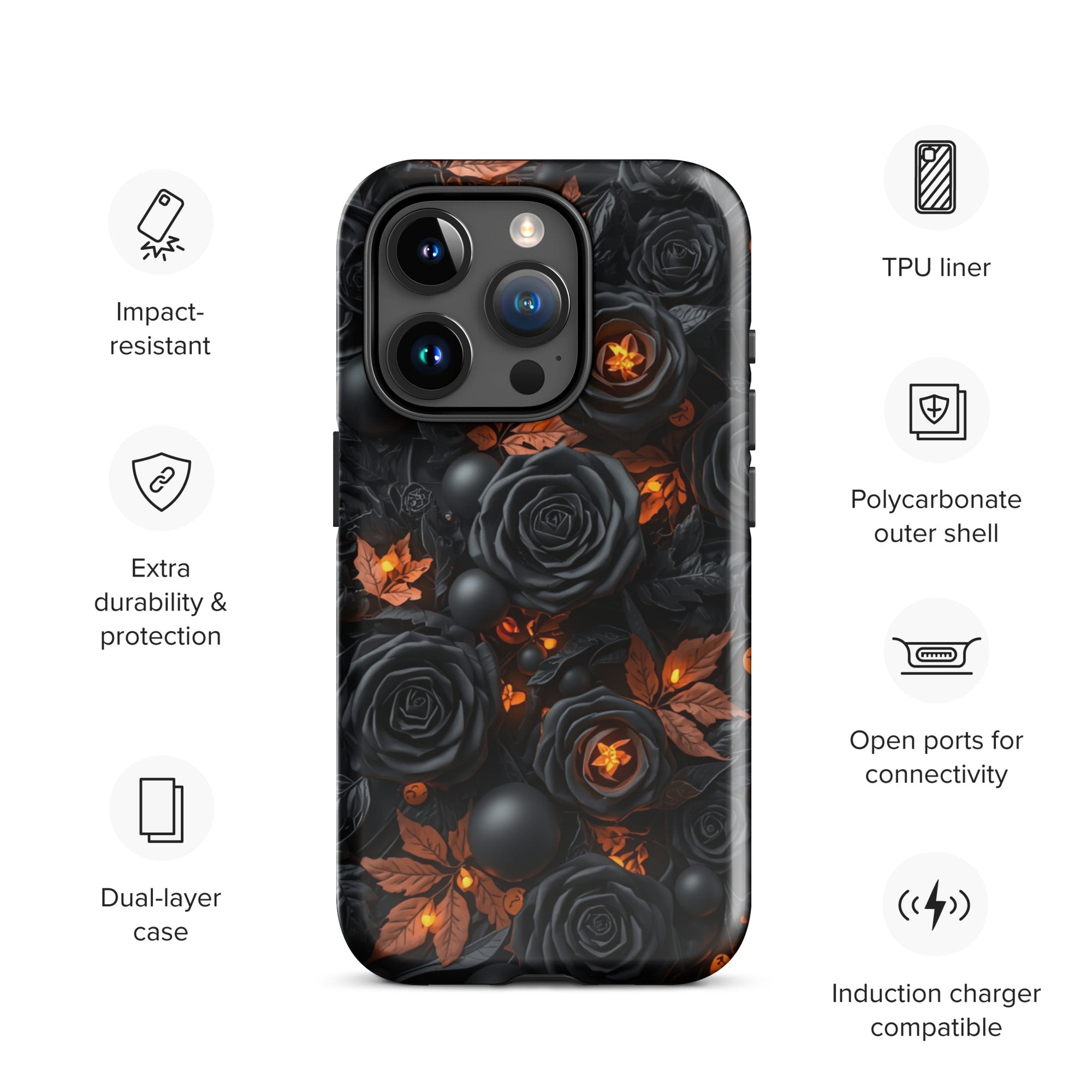 Dark Floral Glow Tough Case for iPhone 15 Pro
