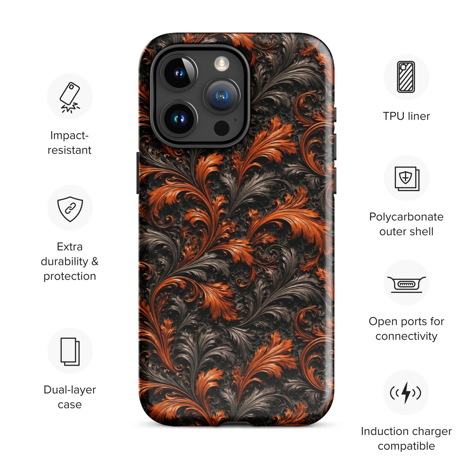 Burnt Orange Filigree Tough Case for iPhone 15 Pro Max