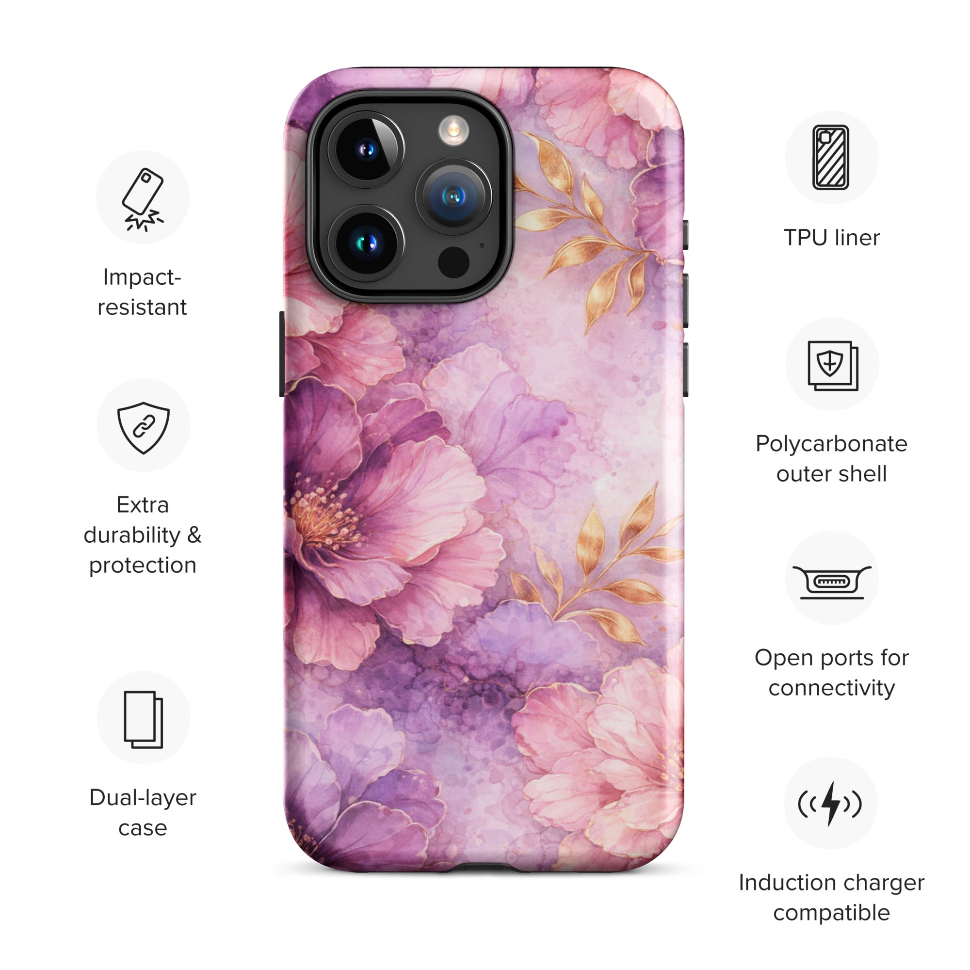 Pink Watercolor Floral Tough Case for iPhone 15 Pro Max