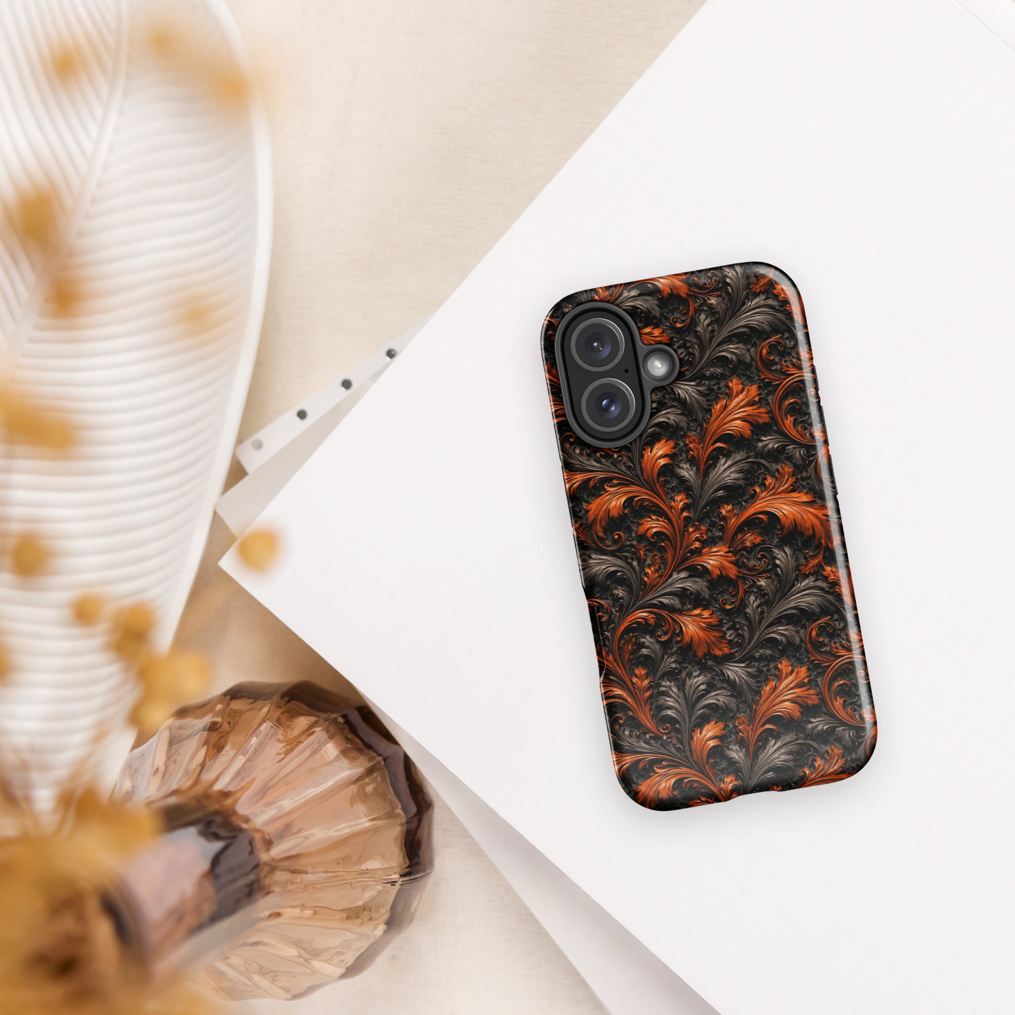 Burnt Orange Filigree Tough Case for iPhone 16