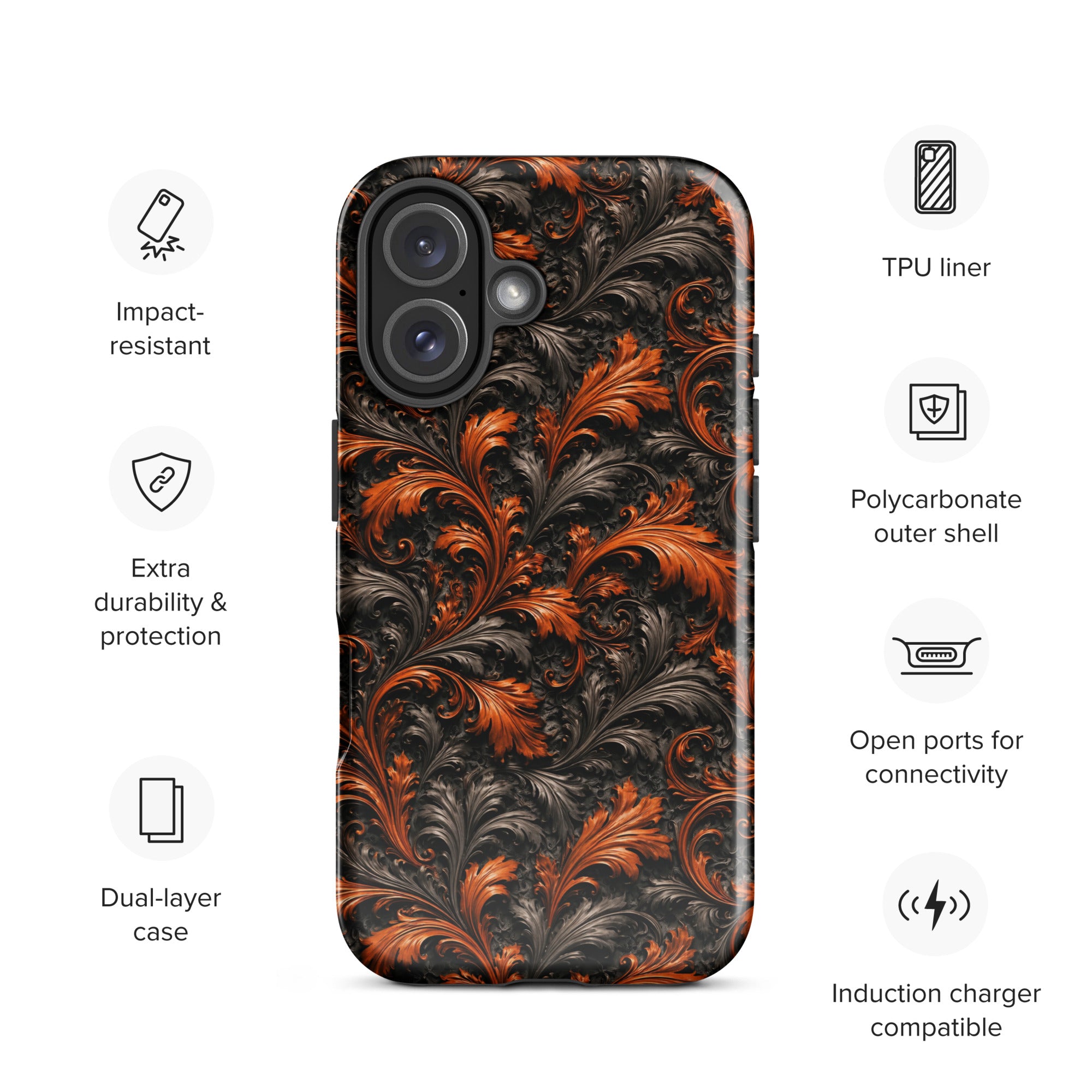 Burnt Orange Filigree Tough Case for iPhone 16
