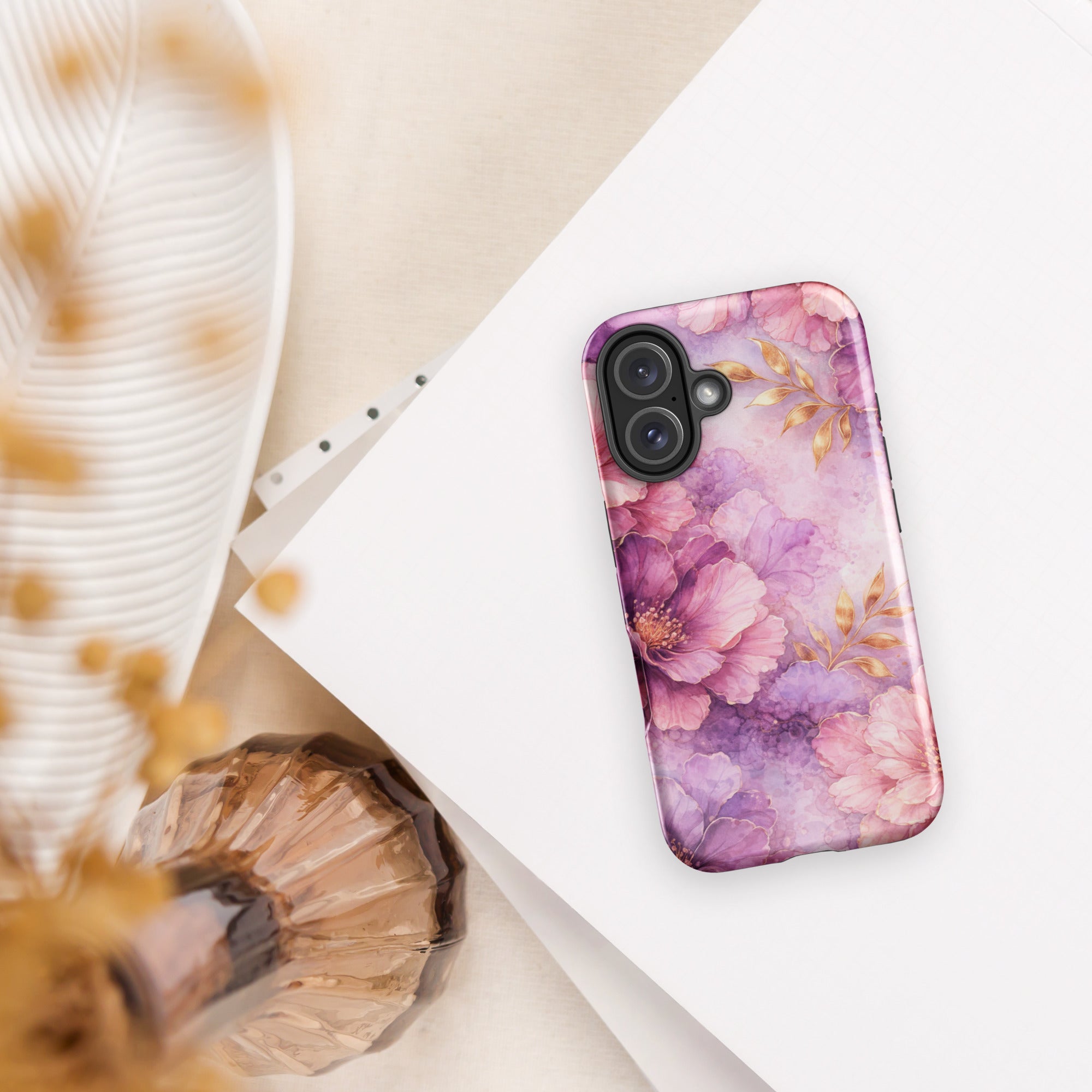 Pink Watercolor Floral Tough Case for iPhone 16