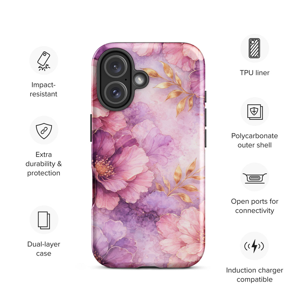 Pink Watercolor Floral Tough Case for iPhone 16