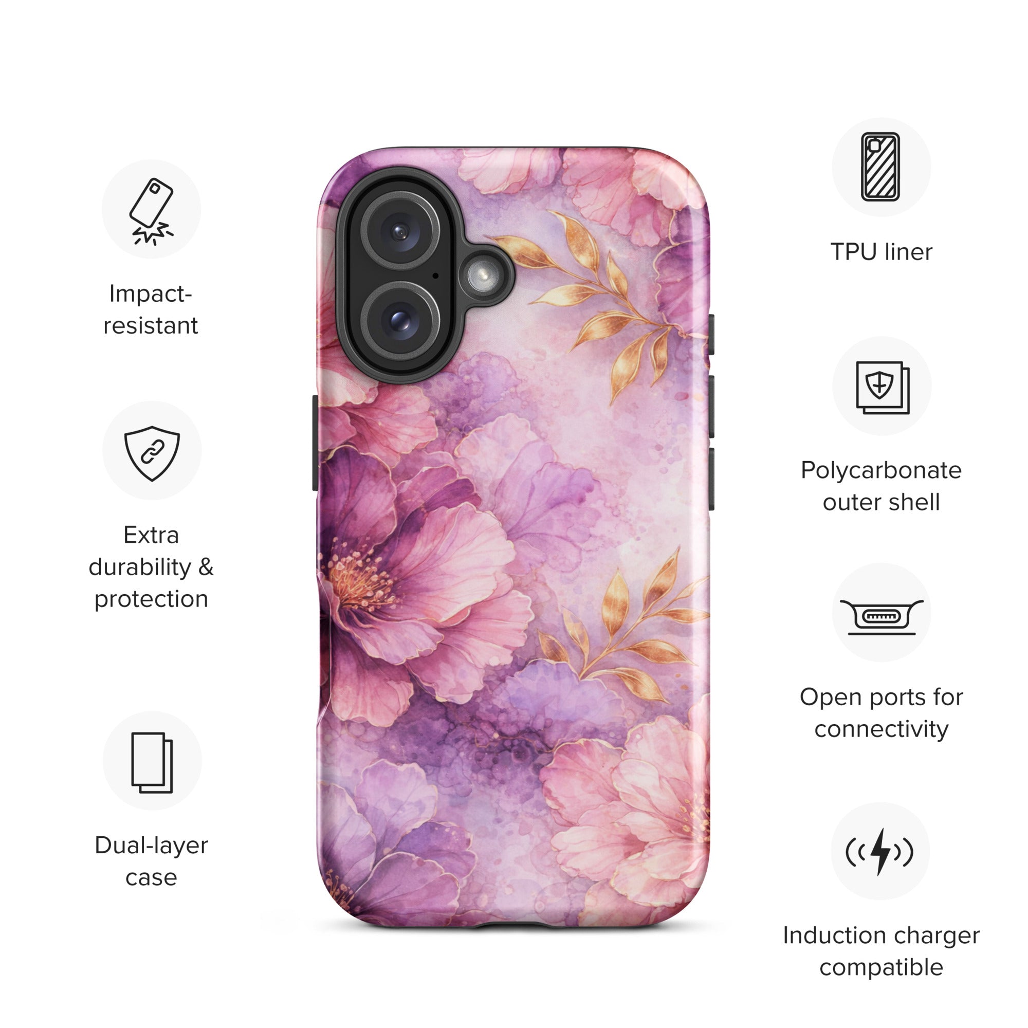 Pink Watercolor Floral Tough Case for iPhone 16