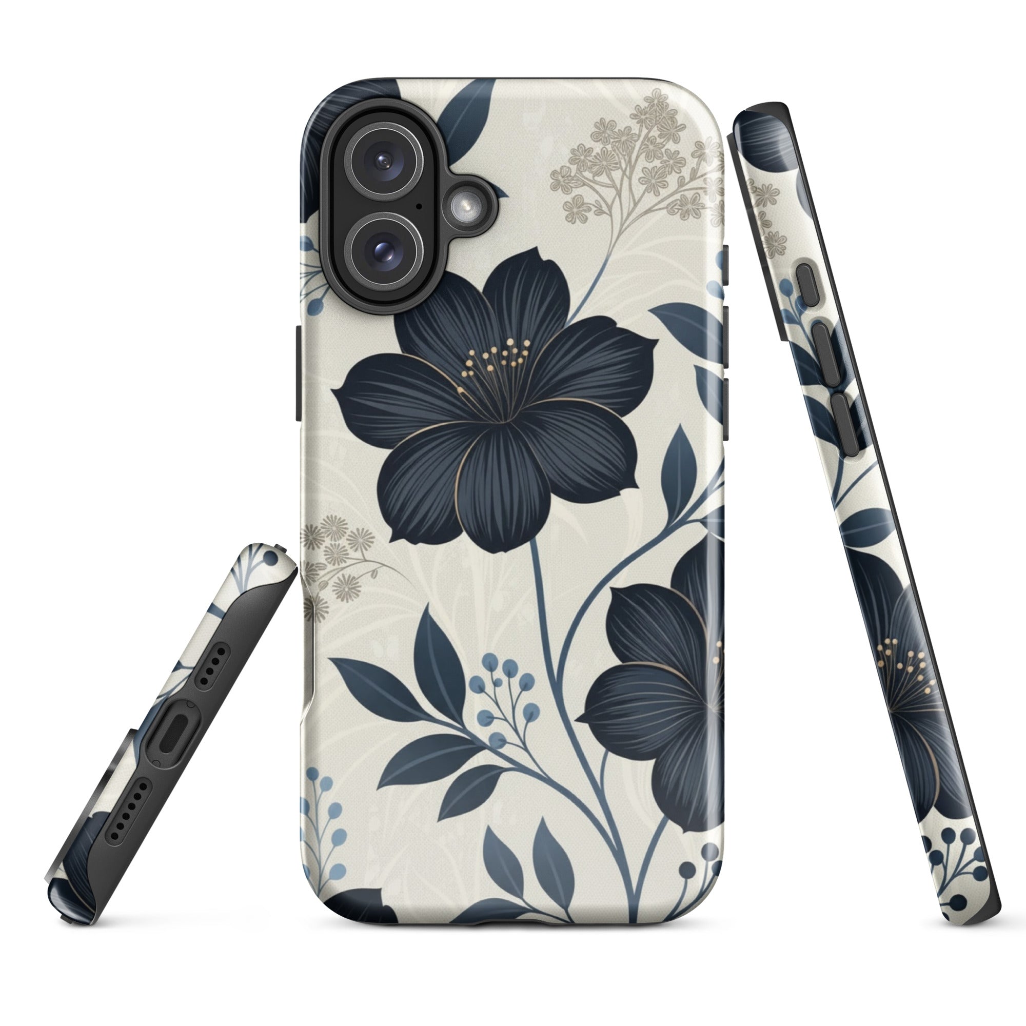 Elegant Blue Floral Tough Case for iPhone 16 Plus