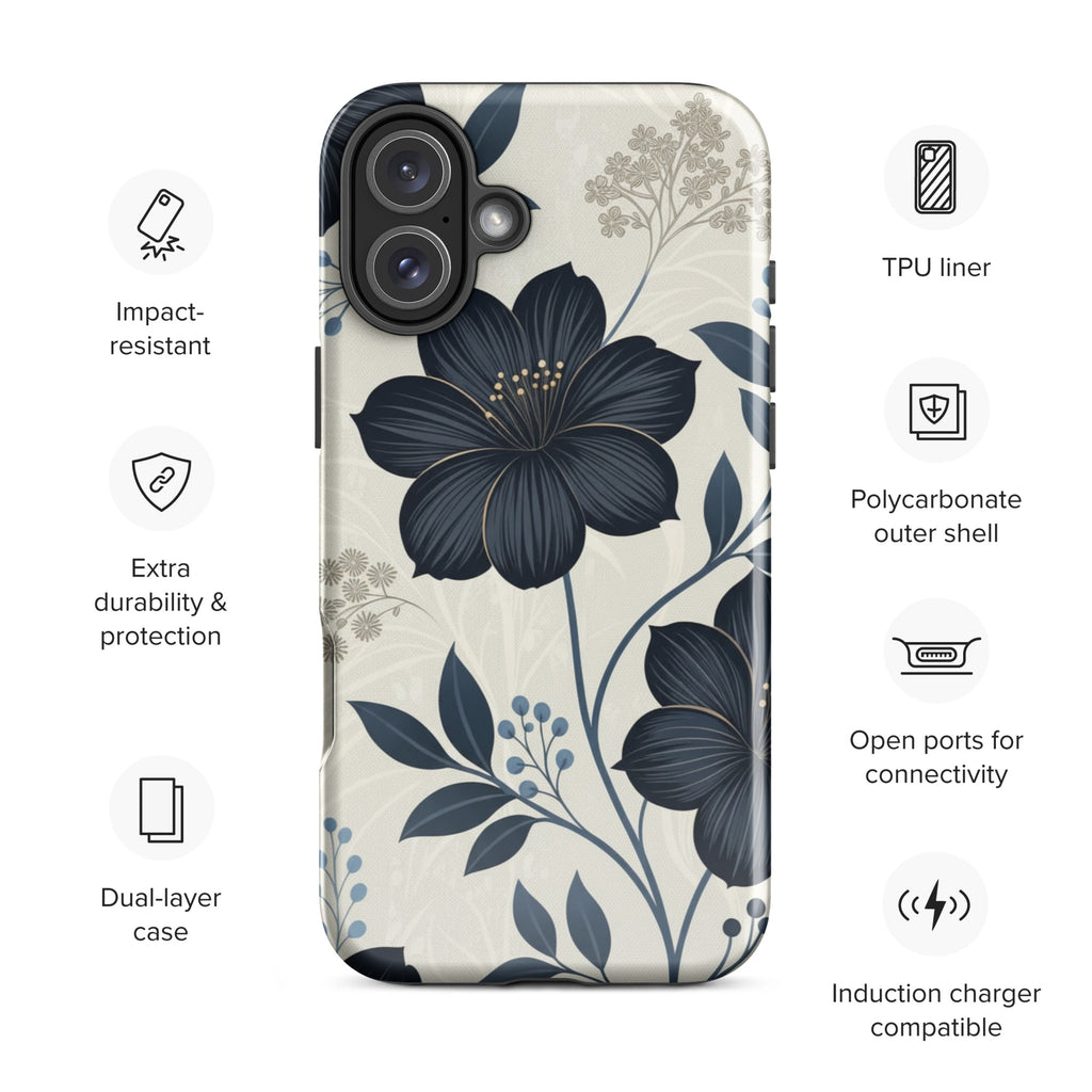 Elegant Blue Floral Tough Case for iPhone 16 Plus