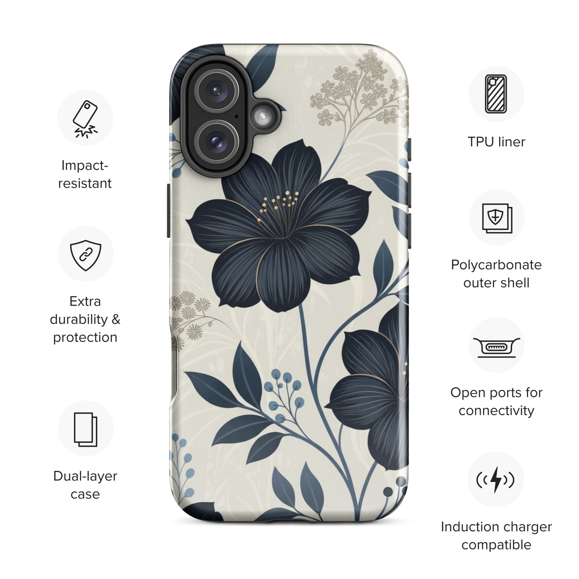 Elegant Blue Floral Tough Case for iPhone 16 Plus