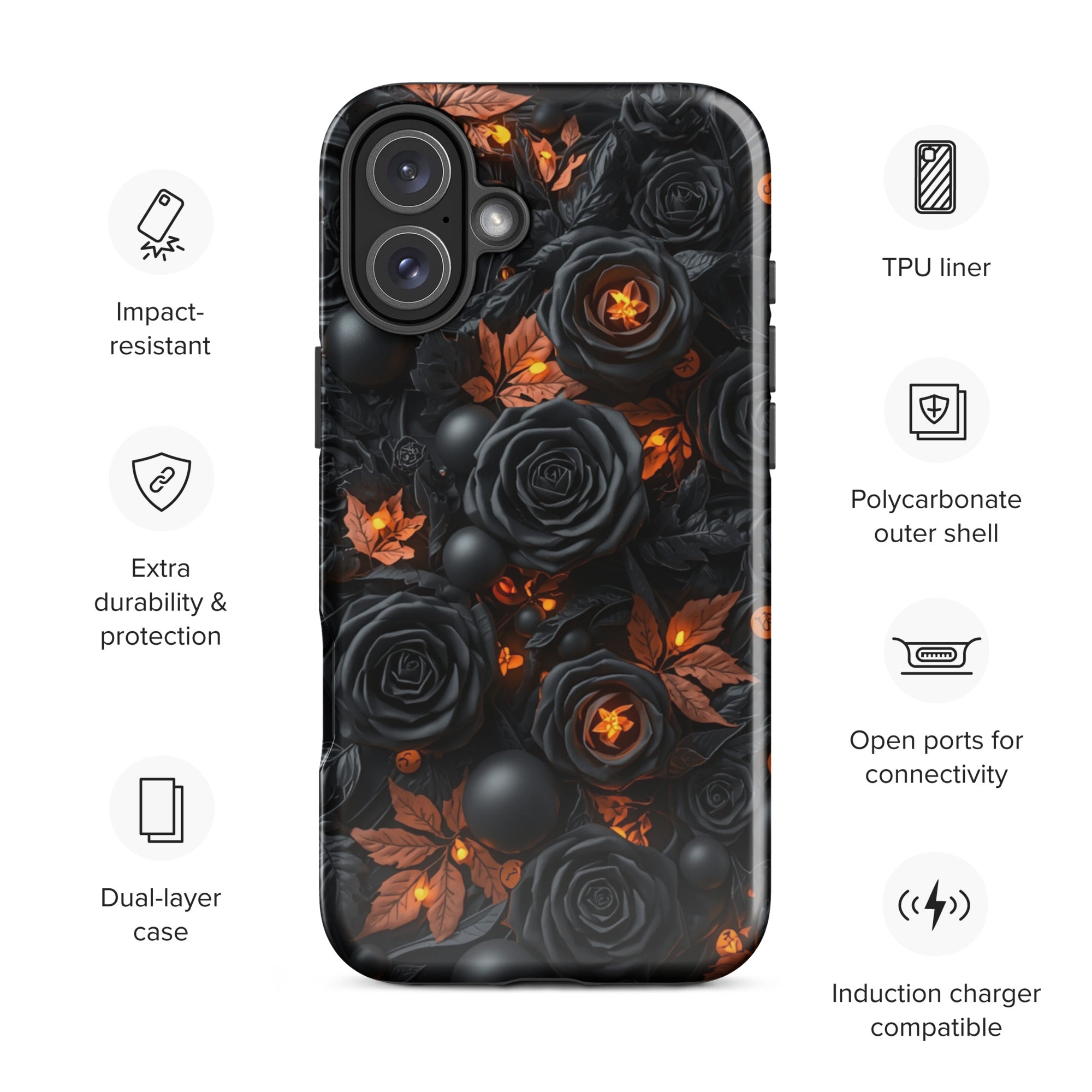 Dark Floral Glow Tough Case for iPhone 16 Plus