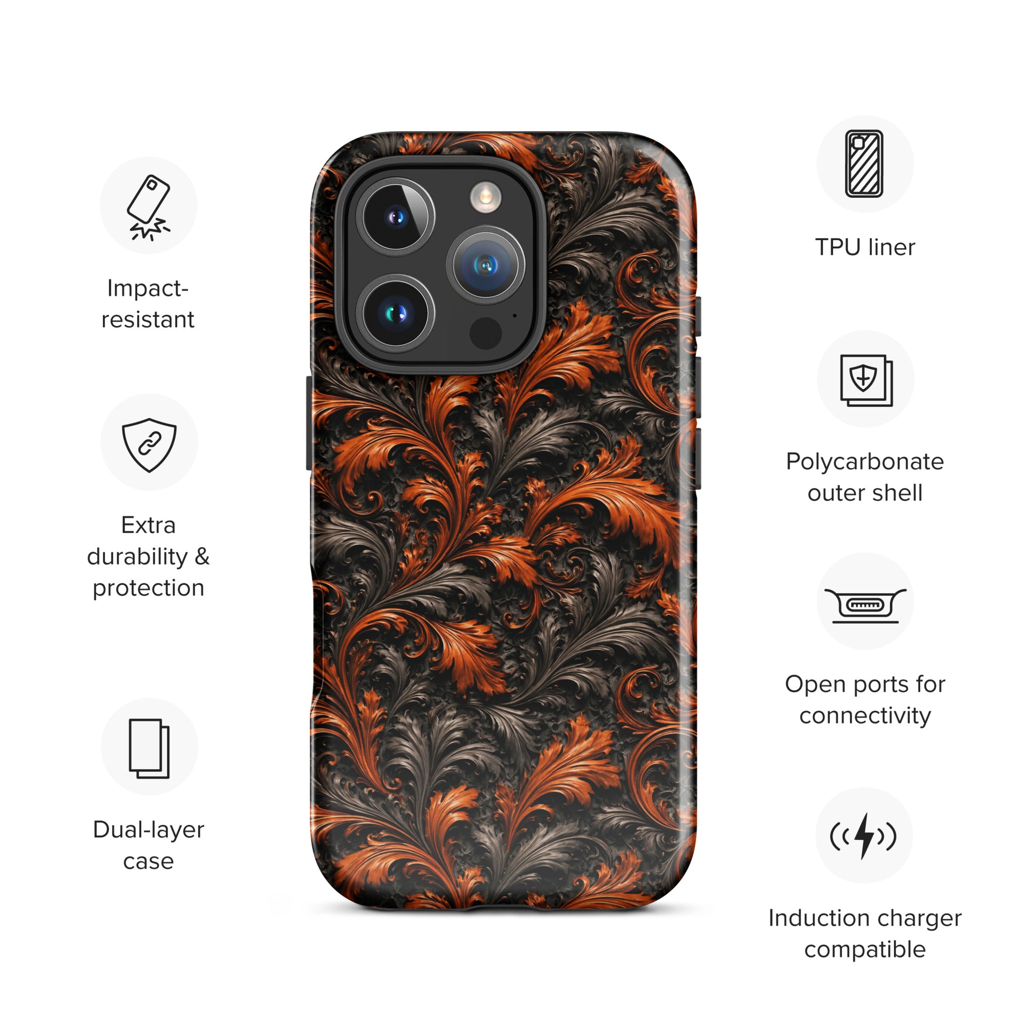 Burnt Orange Filigree Tough Case for iPhone 16 Pro