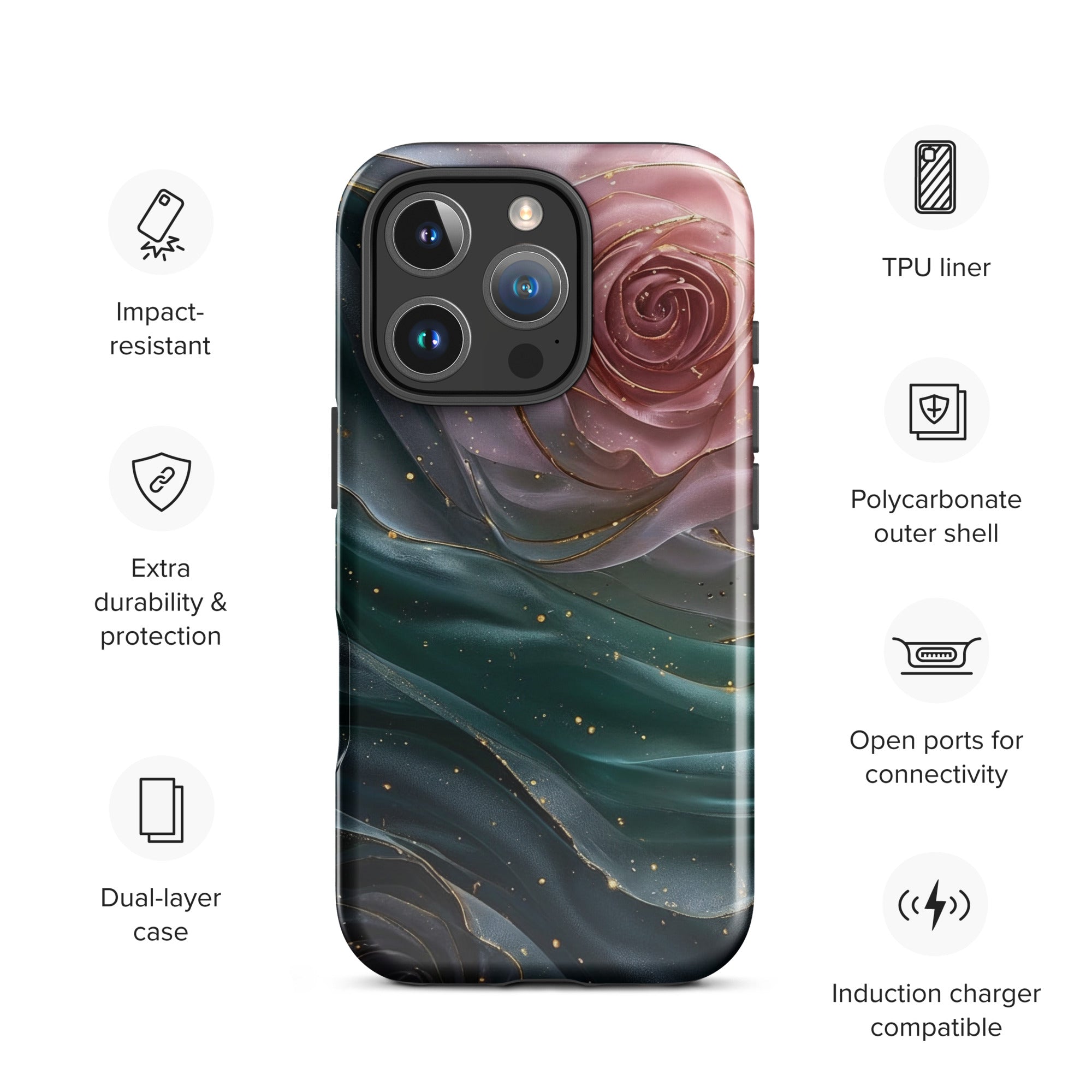 Elegant Rose Marble Tough Case for iPhone 16 Pro