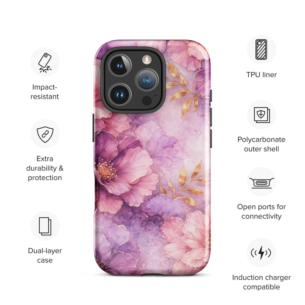 Pink Watercolor Floral Tough Case for iPhone 16 Pro