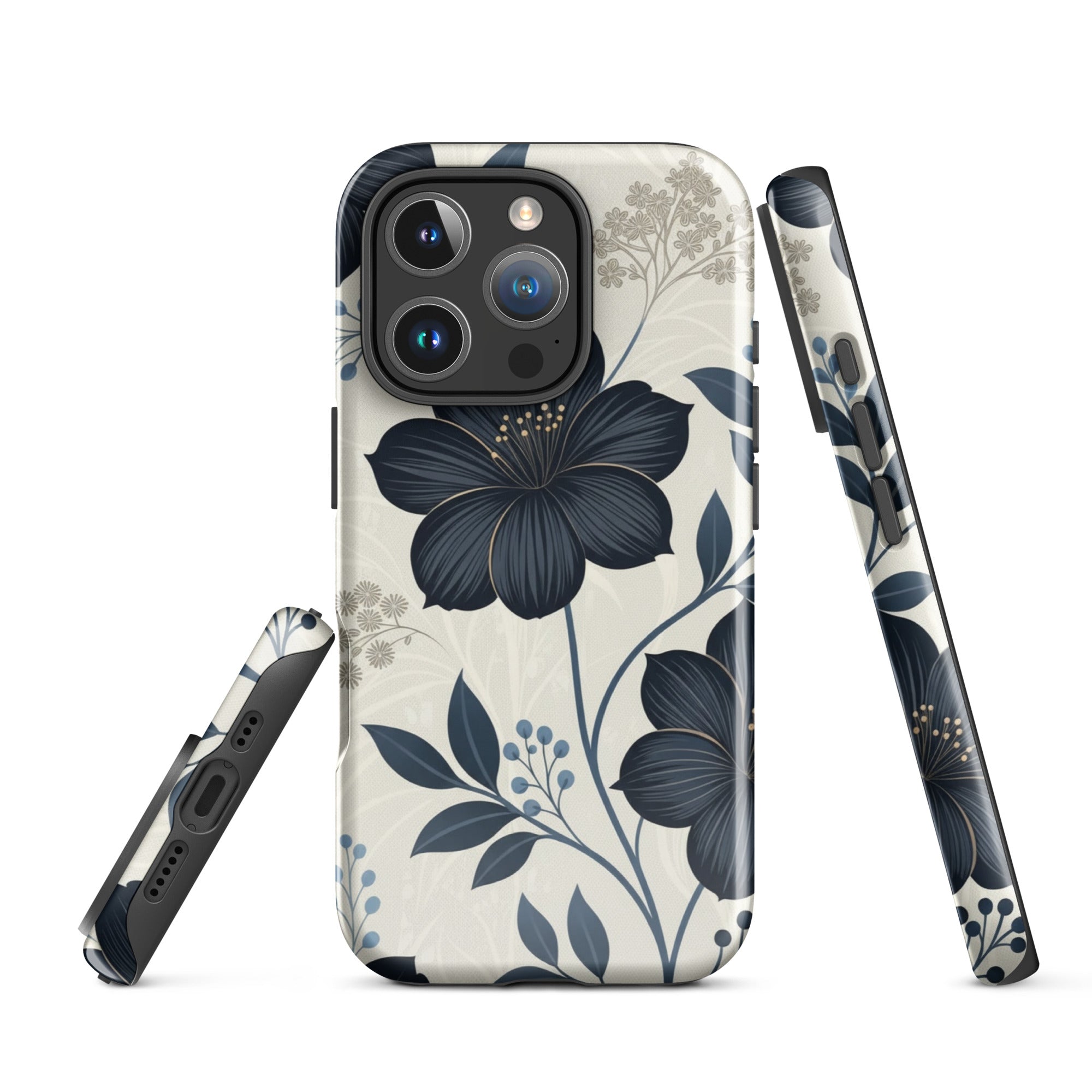 Elegant Blue Floral Tough Case for iPhone 16 Pro