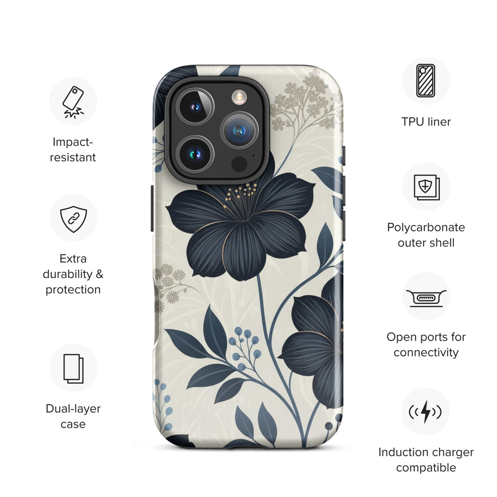 Elegant Blue Floral Tough Case for iPhone 16 Pro