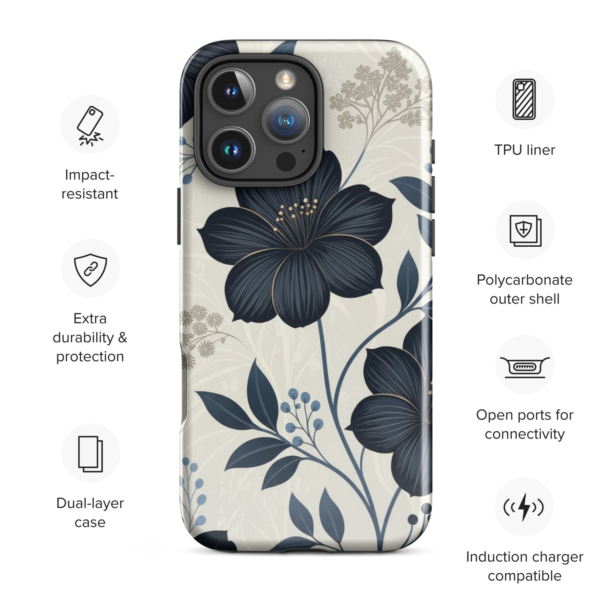 Elegant Blue Floral Tough Case for iPhone 16 Pro Max