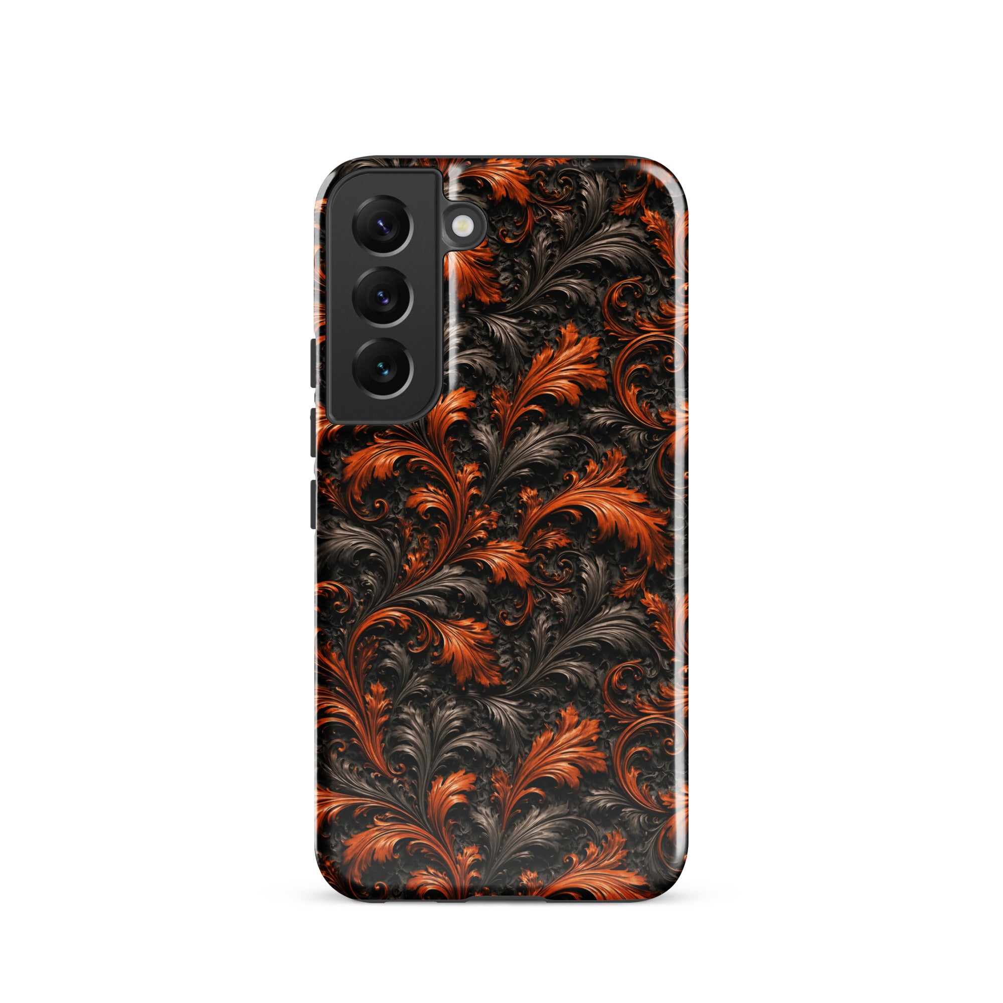 Burnt Orange Filigree Tough Case for Samsung Galaxy S22 – Dual Layer Protective Phone Case (Glossy or Matte)