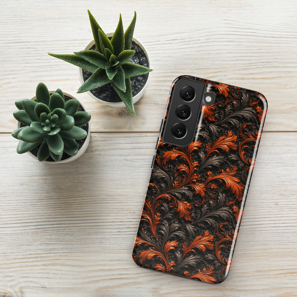 Burnt Orange Filigree Tough Case for Samsung Galaxy S22 – Dual Layer Protective Phone Case (Glossy or Matte)