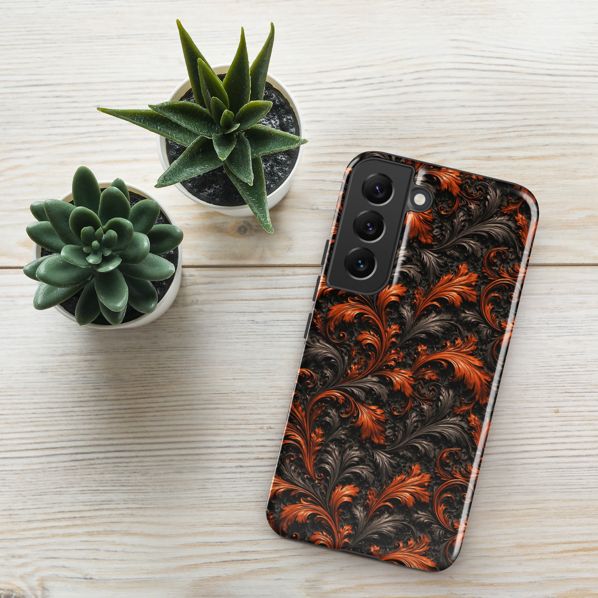 Burnt Orange Filigree Tough Case for Samsung Galaxy S22 – Dual Layer Protective Phone Case (Glossy or Matte)