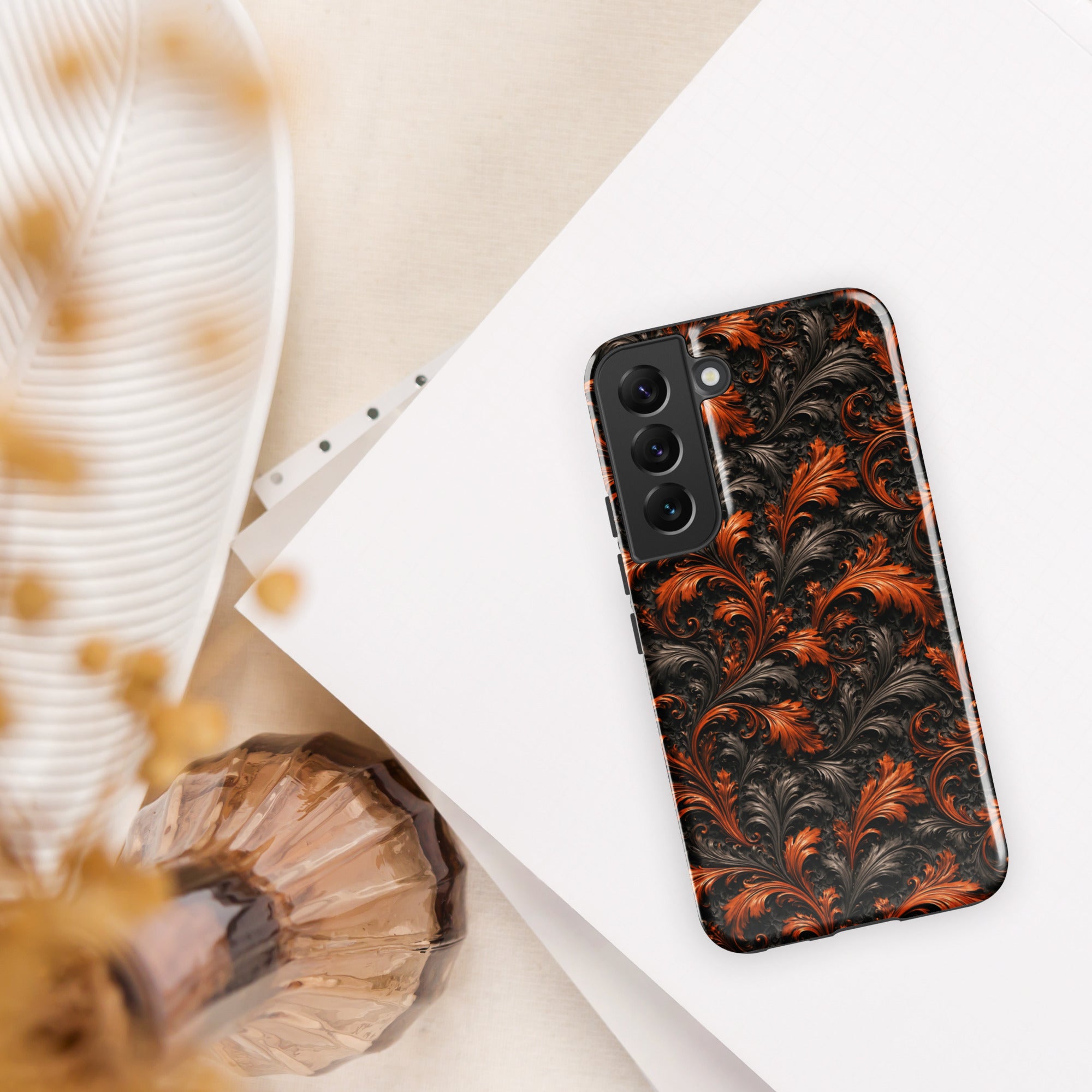 Burnt Orange Filigree Tough Case for Samsung Galaxy S22 – Dual Layer Protective Phone Case (Glossy or Matte)