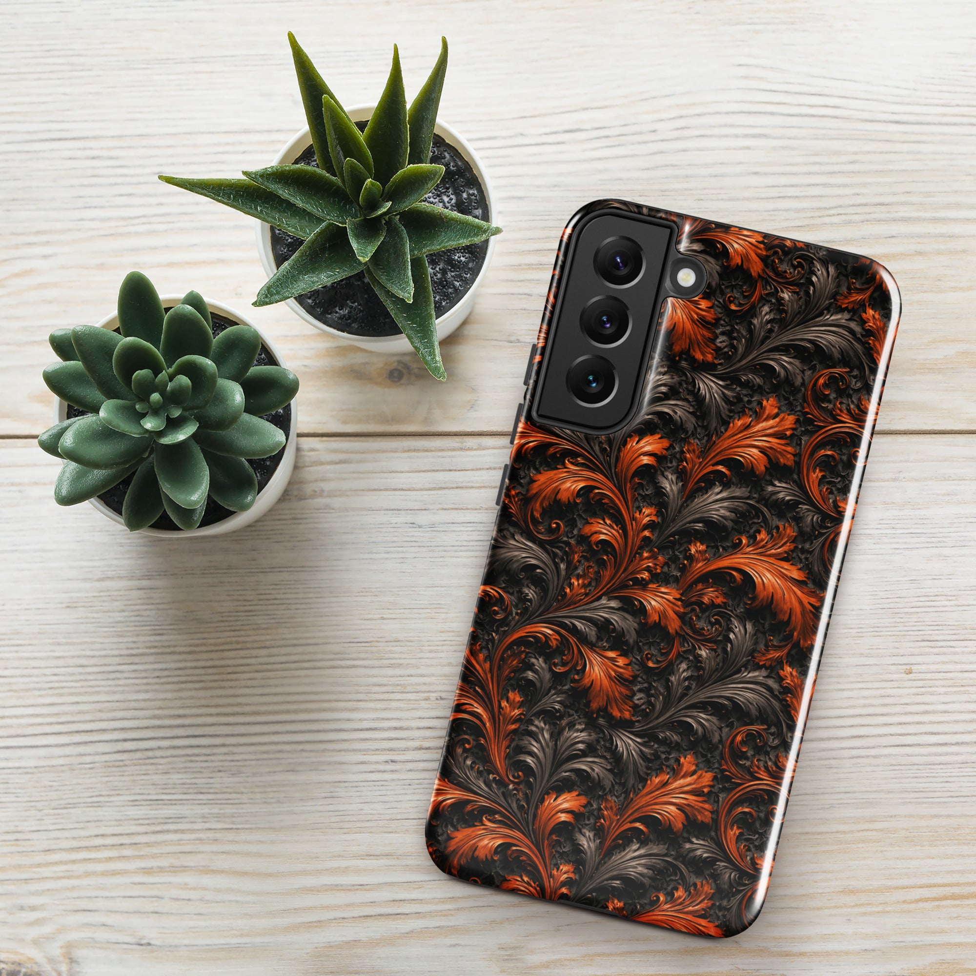 Burnt Orange Filigree Tough Case for Samsung Galaxy S22 Plus – Dual Layer Protective Phone Case (Glossy or Matte)