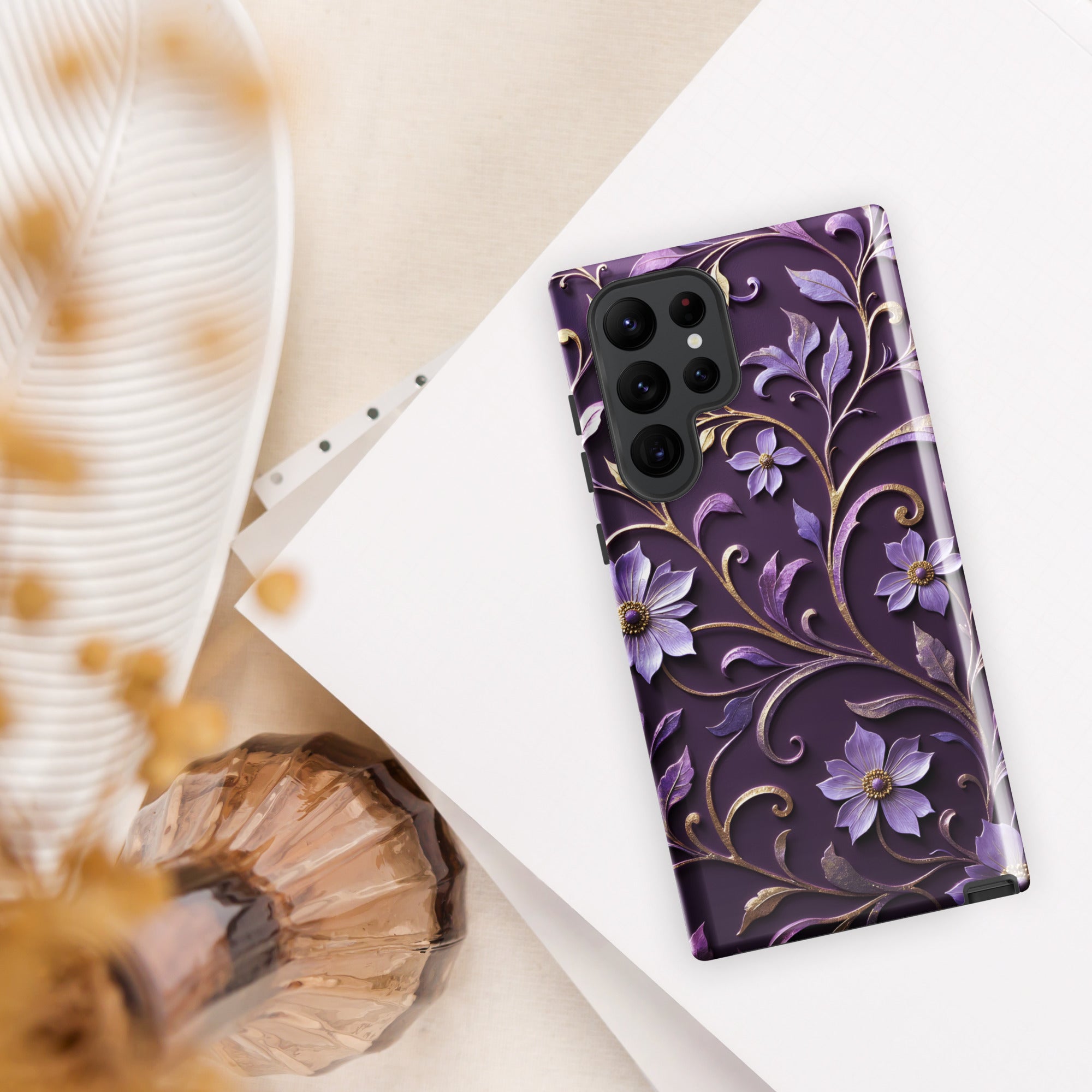 Royal Violet Filigree Tough Case for Samsung Galaxy S22 Ultra – Dual Layer Protective Phone Case (Glossy or Matte)