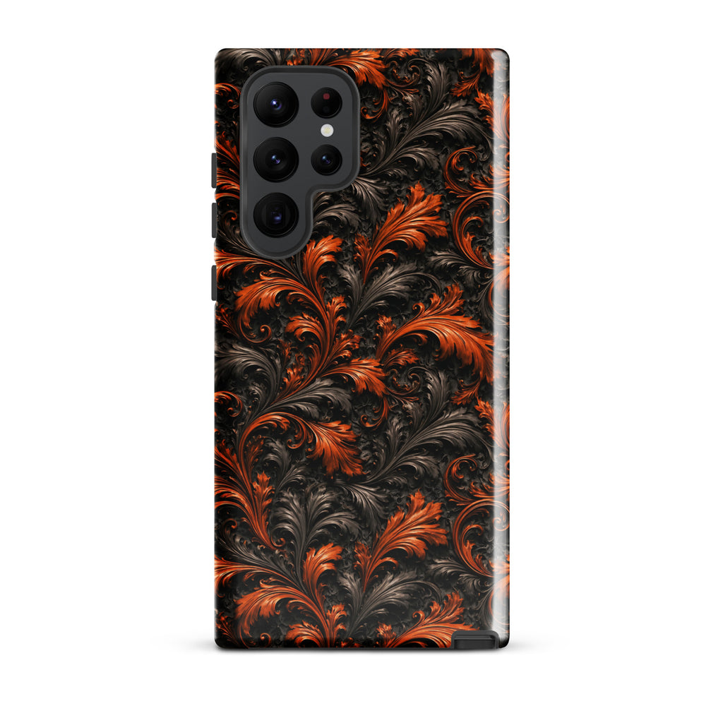 Burnt Orange Filigree Tough Case for Samsung Galaxy S22 Ultra – Dual Layer Protective Phone Case (Glossy or Matte)