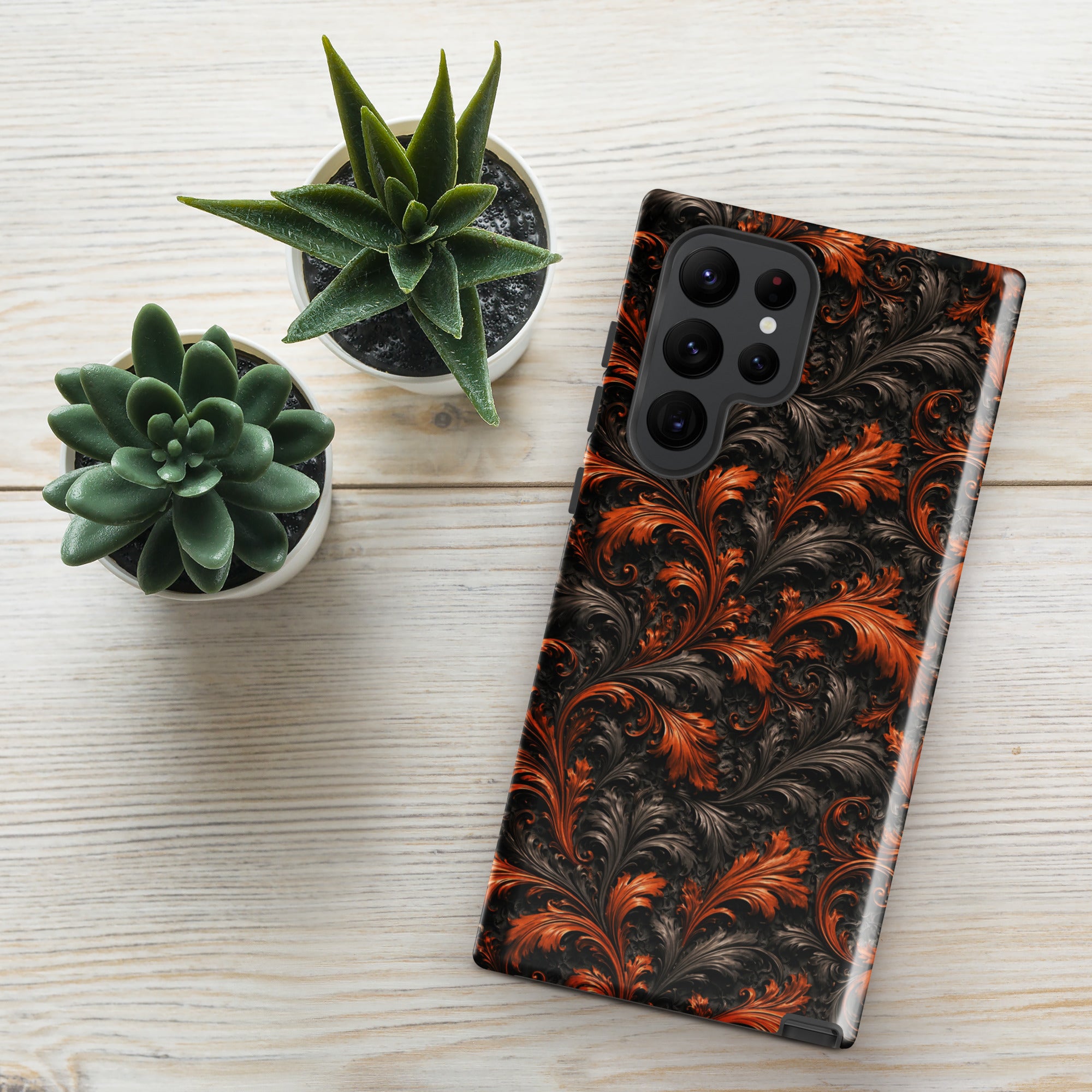 Burnt Orange Filigree Tough Case for Samsung Galaxy S22 Ultra – Dual Layer Protective Phone Case (Glossy or Matte)