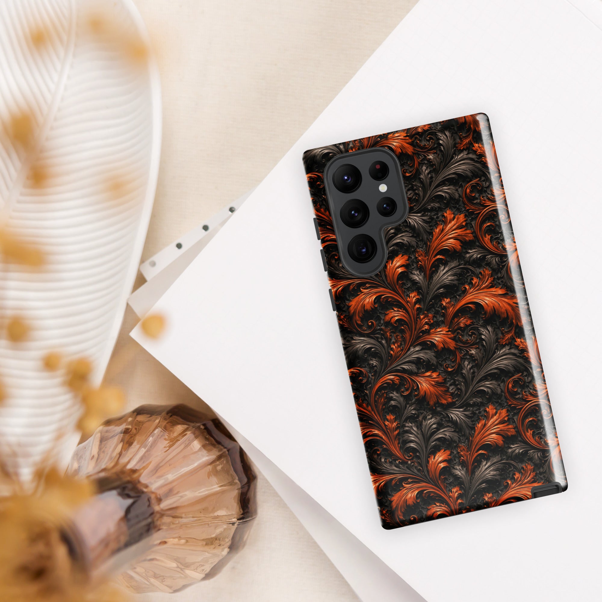 Burnt Orange Filigree Tough Case for Samsung Galaxy S22 Ultra – Dual Layer Protective Phone Case (Glossy or Matte)